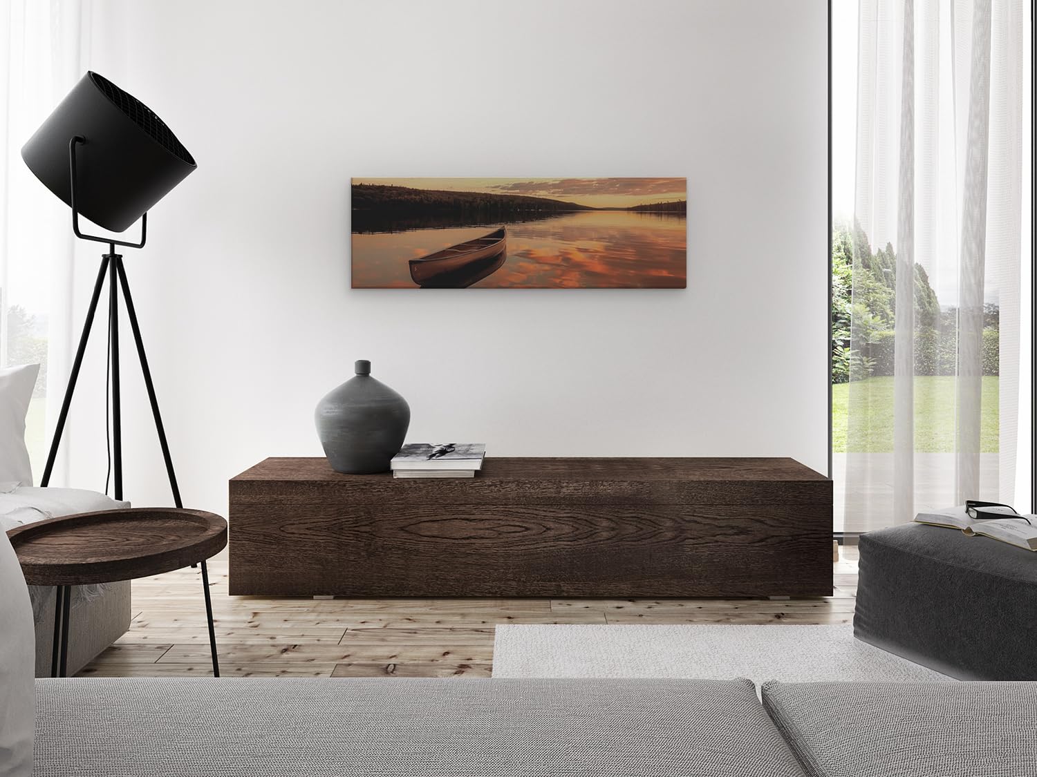 Artaza Leinwand Bilder Sonnenuntergang Am See - 120x40 cm - Groß XXL - Wanddeko Kanu - Wandbilder Meer - Deko Wohnzimmer