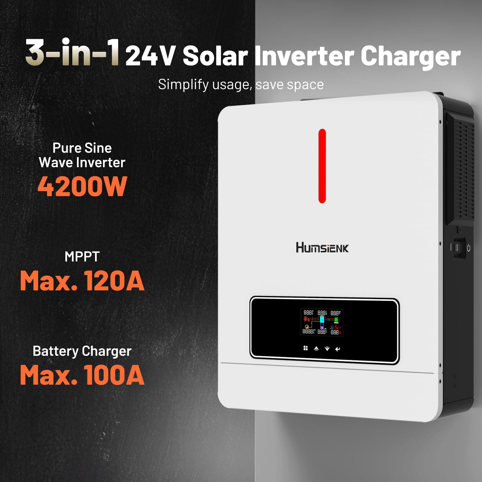 HumsiENK Inverter Caricabatterie Solare 4200W 24V 3-in-1, Onda Sinusoidale Pura, 8400W Picco, MPPT 120A, Caricabatterie 100A, per Camper Roulotte Barca Casa Off-Grid