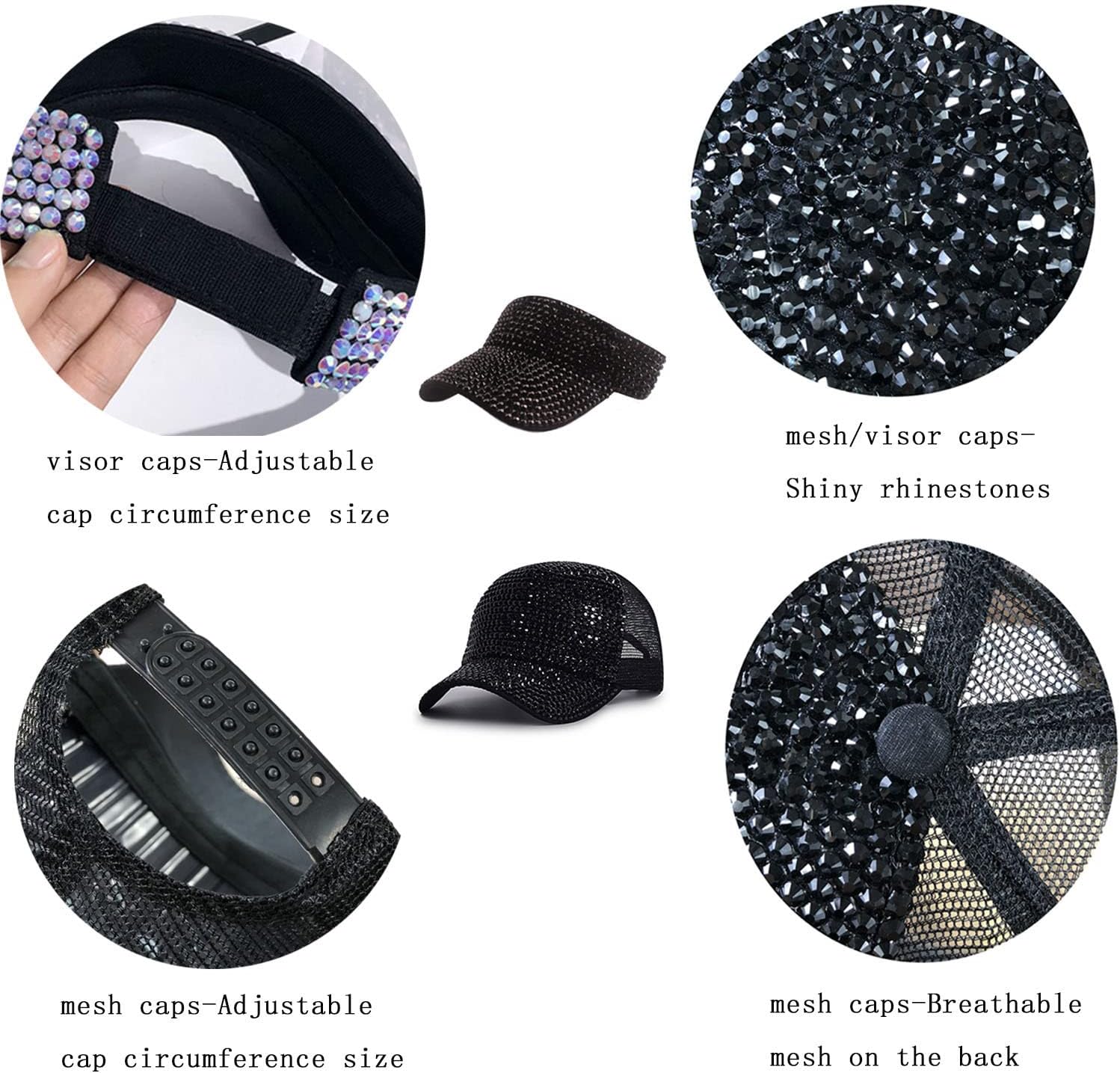Women Bling Shiny Rhinestones Sun Visor hat mesh Breathable Cap Sparkle Bling Flag Cap Adjustable Baseball Cap - Image 4