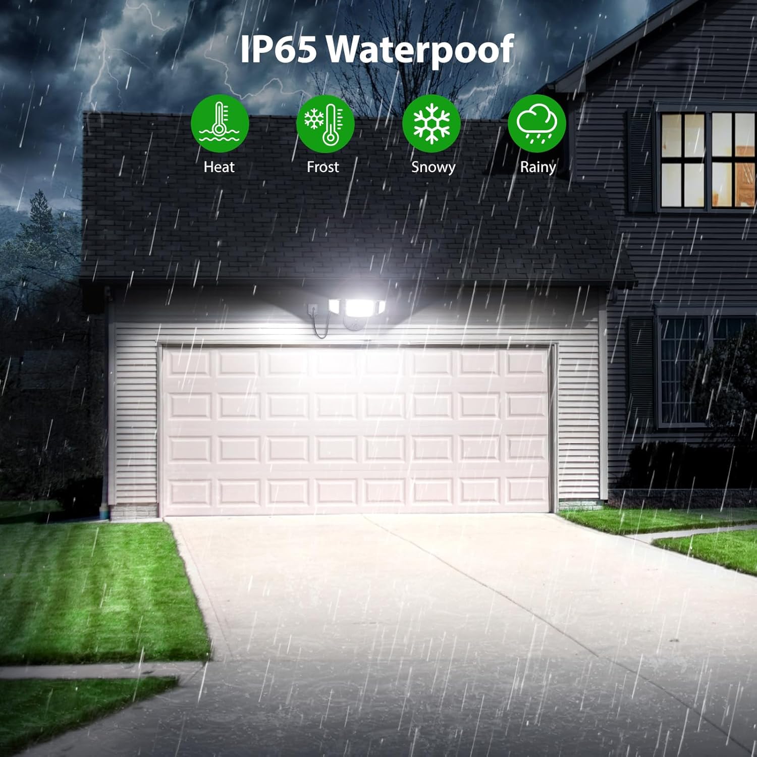iMaihom 60W LED Flood Light operating in rainy conditions, demonstrating its IP65 waterproof rating.