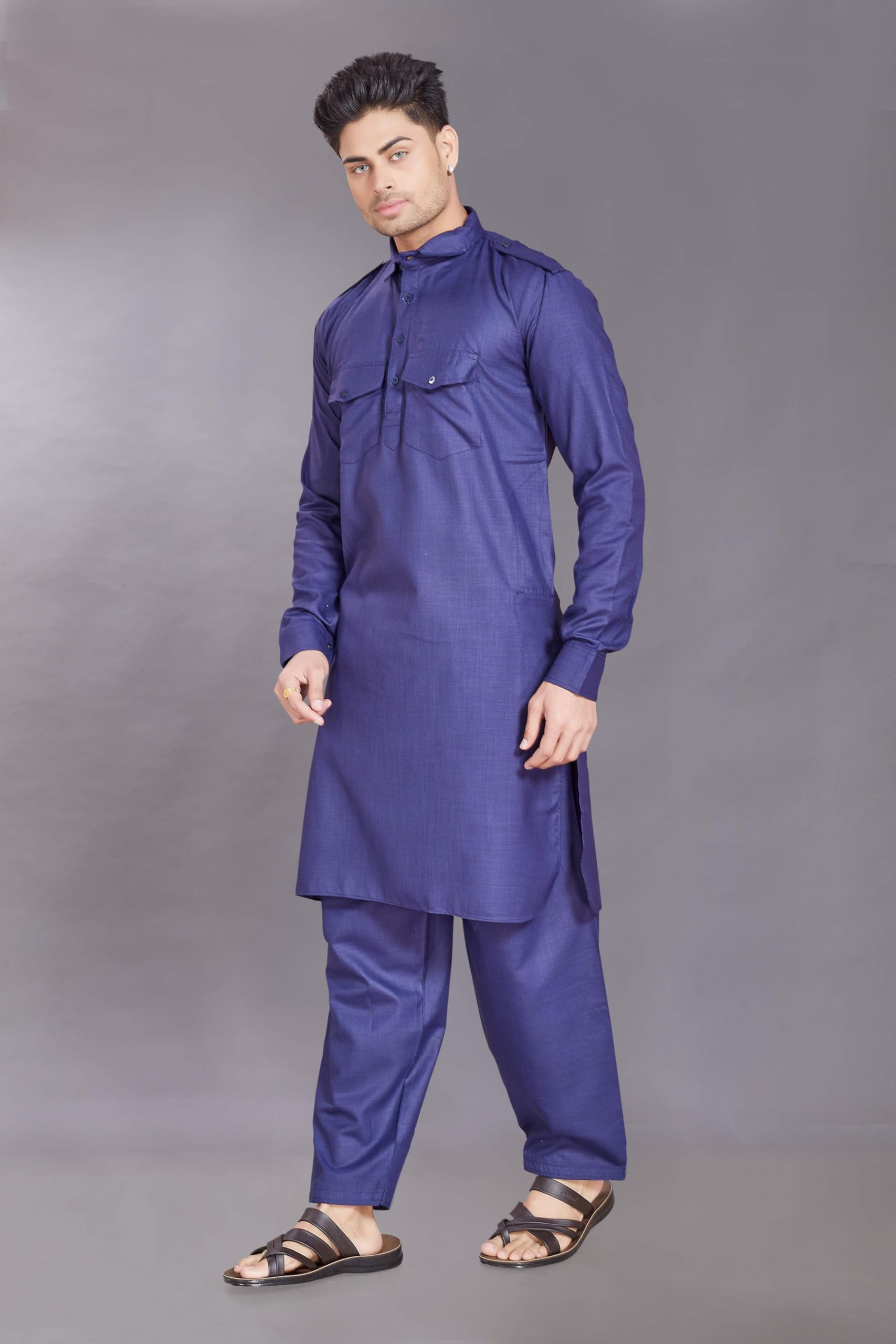 Divisive Men's Cotton Blend Pathani Kurta Pyjama Set (Dkrt458_Xxl_N Blue)