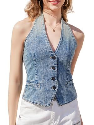 OVRUNS Womens Sleeveless Denim Vest Halter Neck Backless Petite Jean Waistcoat Top Summer Jacket