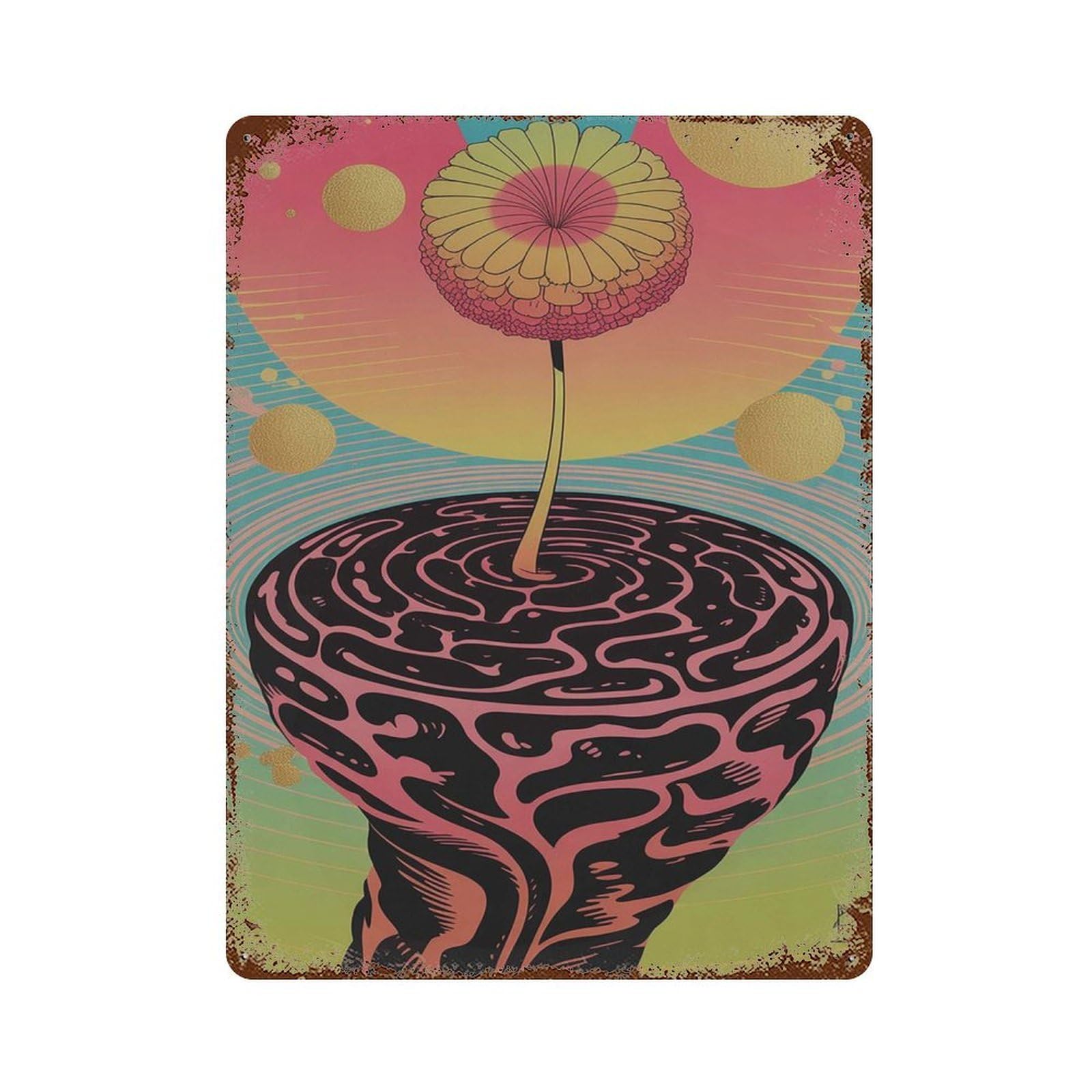 xiaoxiaoshen Psychedelic Flower Trippy Surreal Cosmic Bloom Rising from Abstract Brain Design Wall Decor Art Metal Tin Poster Modern Home Decor Art Home Bar Shop Decorations Vintage Sign 40x30cm