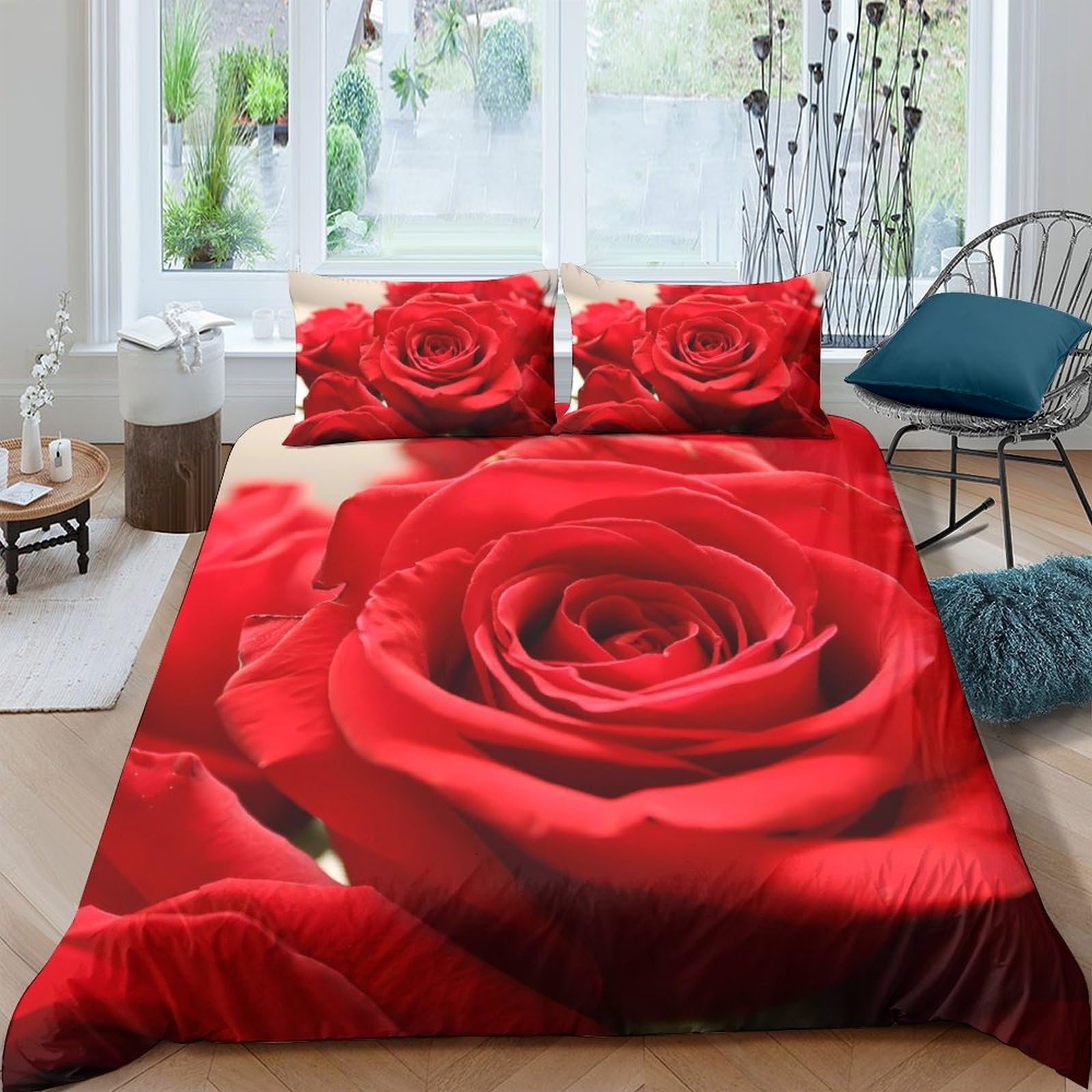 Ctjqhvkz Style-5 3D Printed Red Rose Fitted Sheet Microfiber Soft Anti-Slip Romantic Flower Bed Cover For Bedroom Guest Room Dorm Decor Single（135X200cm）