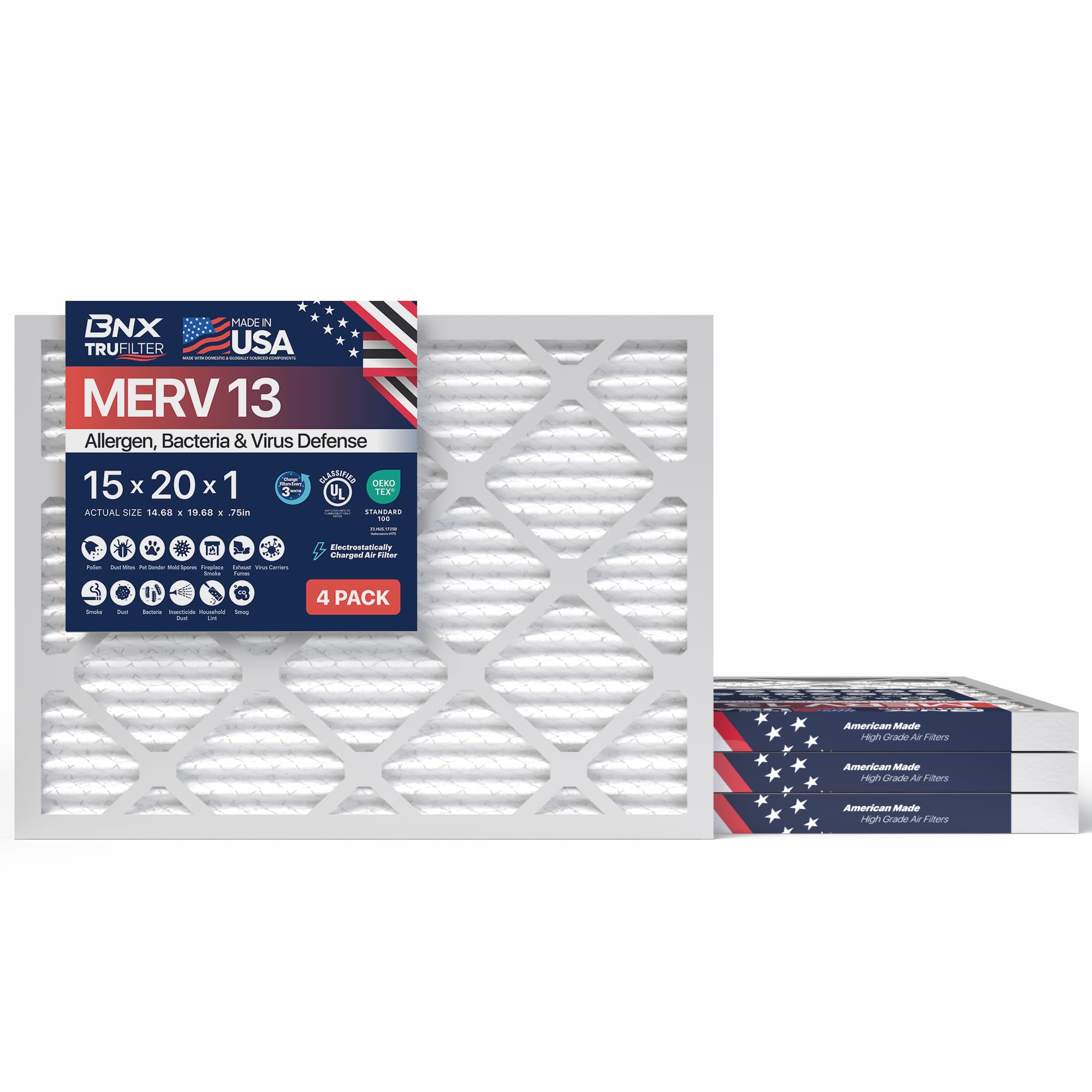 BNX TruFilter 15x20x1 Air Filter MERV 13 (4-Pack) - MADE IN USA - Electrostatic Pleated Air Conditioner HVAC AC Furnace Filters for Allergies, Pollen, Mold, Bacteria, Smoke, Allergen, MPR 1900 FPR 10