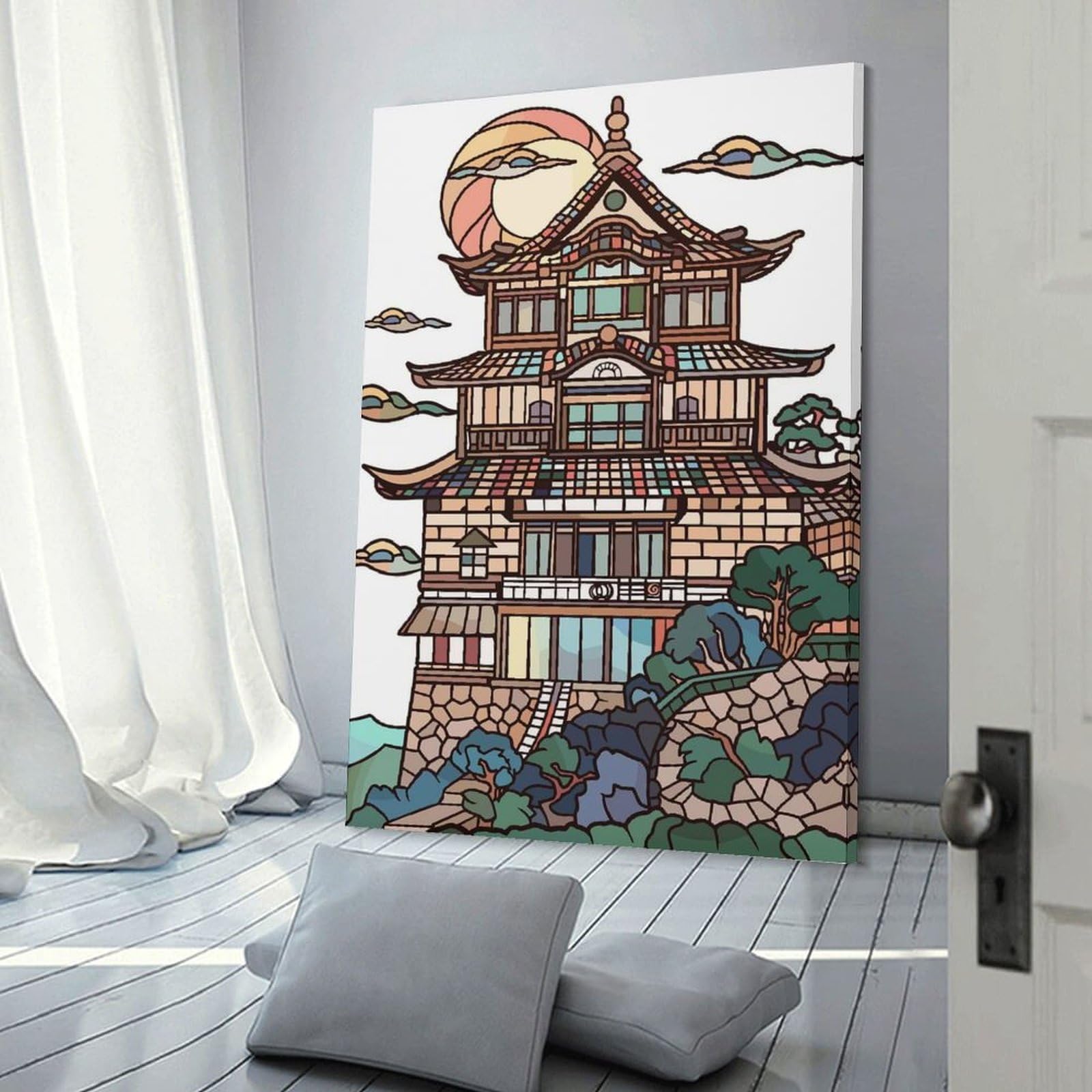 Junmoney Traditional Japanese Building with Sun And Clouds Hanging Wall Art 24x36inch(60x90cm), for Restful Interiors, Bedrooms Or Small Rooms, Home Artwork with A Soft Interior Feel