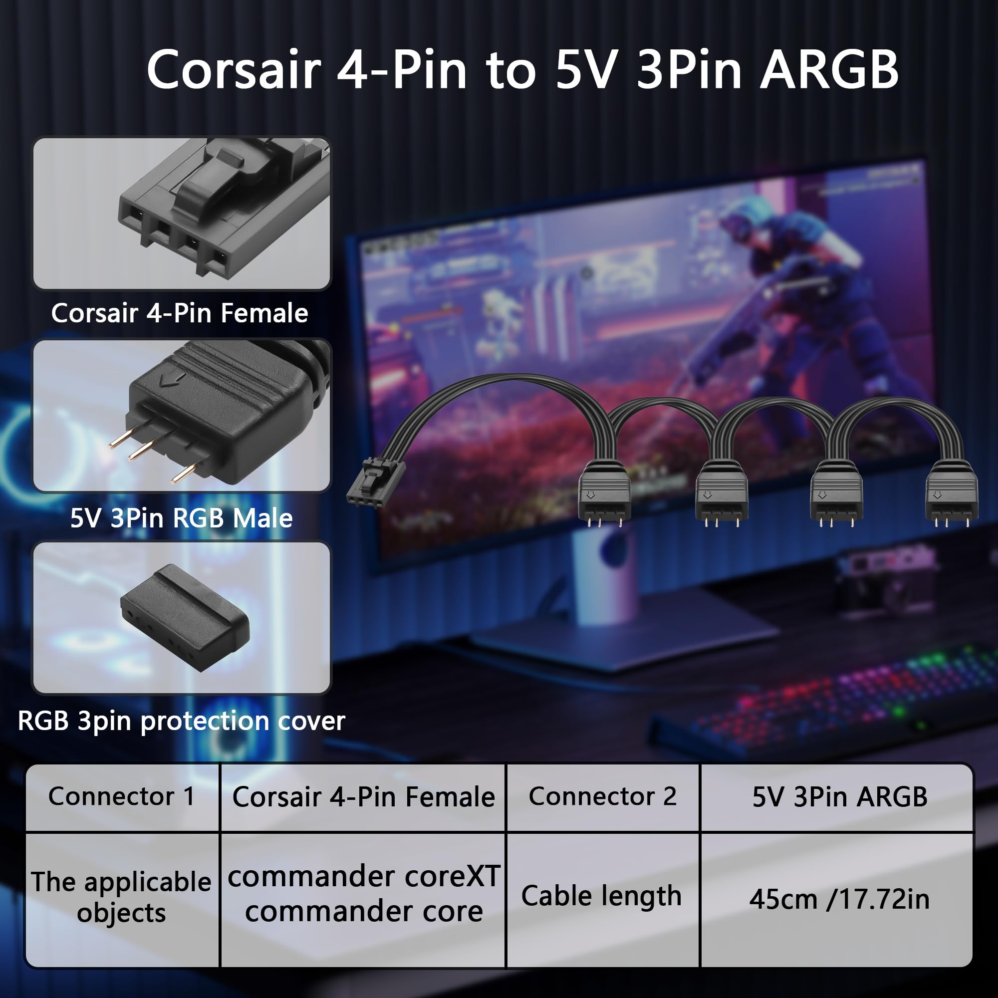 GINTOOYUN Cable divisor ARGB 1 a 4 para Commander CorEXT, 4 pines hembra a 4 conectores RGB 5 V 3 pines (17,72 pulgadas)