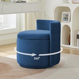 Large Velvet Vanity Chair, 360° Swivel Makeup Chair with Storage, Blue | Modern Wide Vanity Stool with Wave Back, No Assembly Barrel Upholstered Closet Stool for Bedroom, Dressing Room, Living Room
