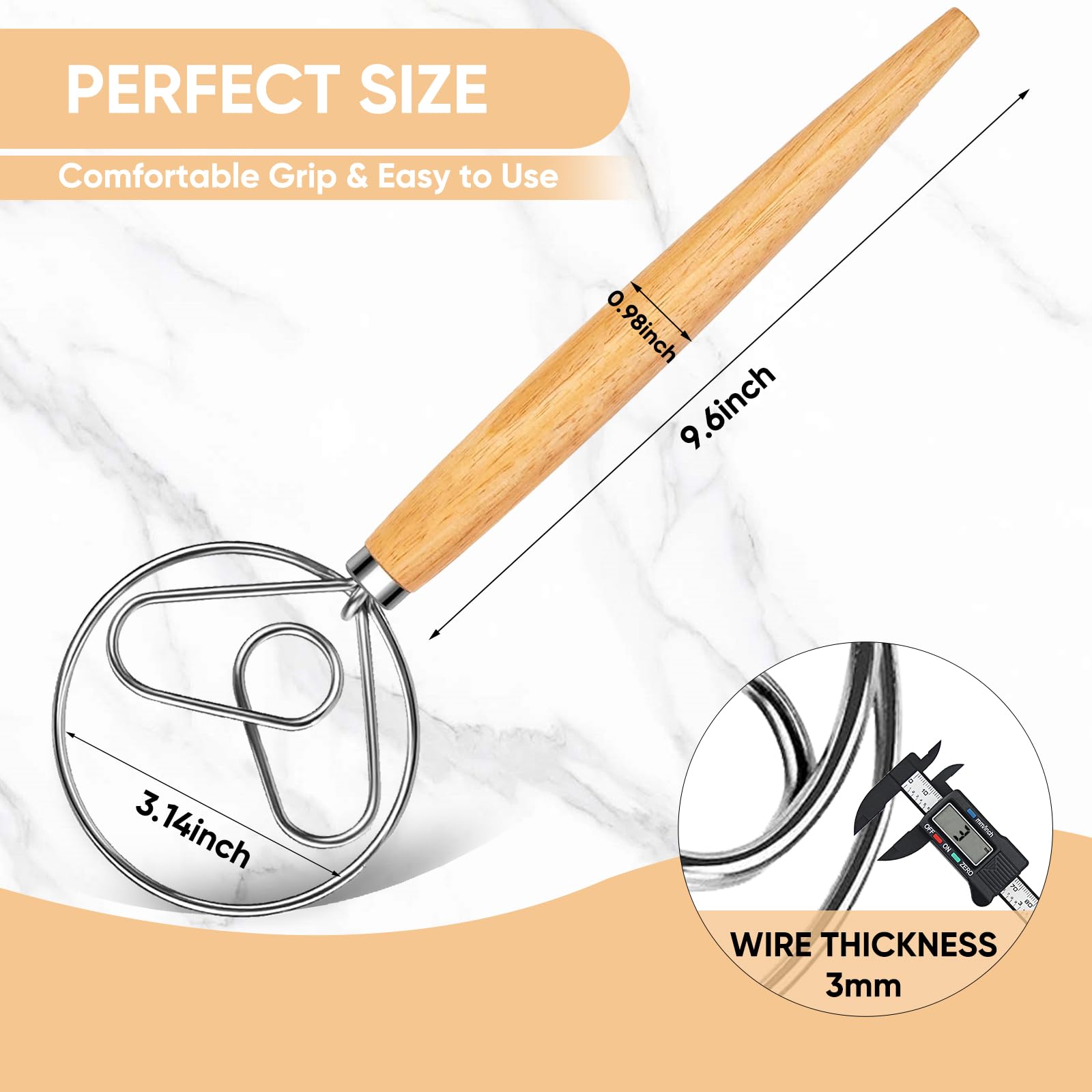 Fouet à Pâte, Fouet à Main En Bois De 33 Cm, Mélangeur Manuel Pour Pain, Version Améliorée Du Fouet Danois à 3 œillets En Acier Inoxydable De Diamètre Pour Mélanger La Cuisine