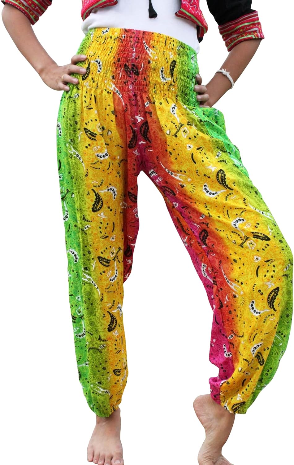 Full Funk Rayon Smock Waist Harem Baggy Pants Pocket Straight Yoga Clothes Women Mixed Bright Patterns