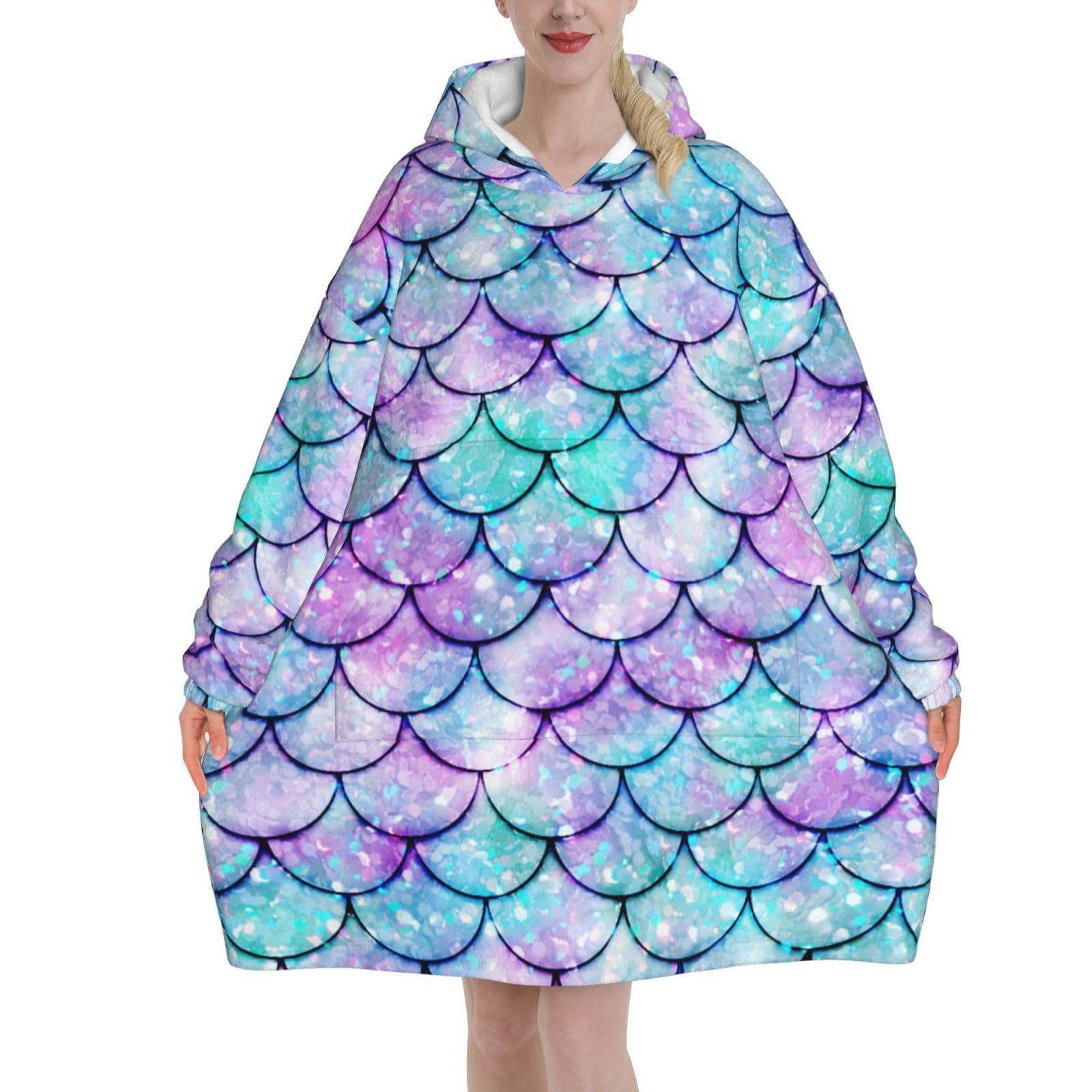 Peiyeety Unisex Mermaid Scales Blanket Hoodies For Women And Men Adult Oversize Wearable Blanket Hoodies For Soft And Warm