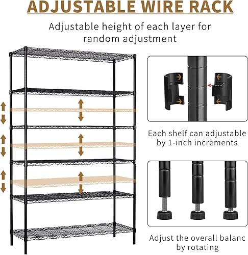 Vista 6 de Estantes de almacenamiento de 6 niveles de 48 x 18 x 82 pulgadas, estantería de metal resistente, capacidad de 2100 libras, estantes