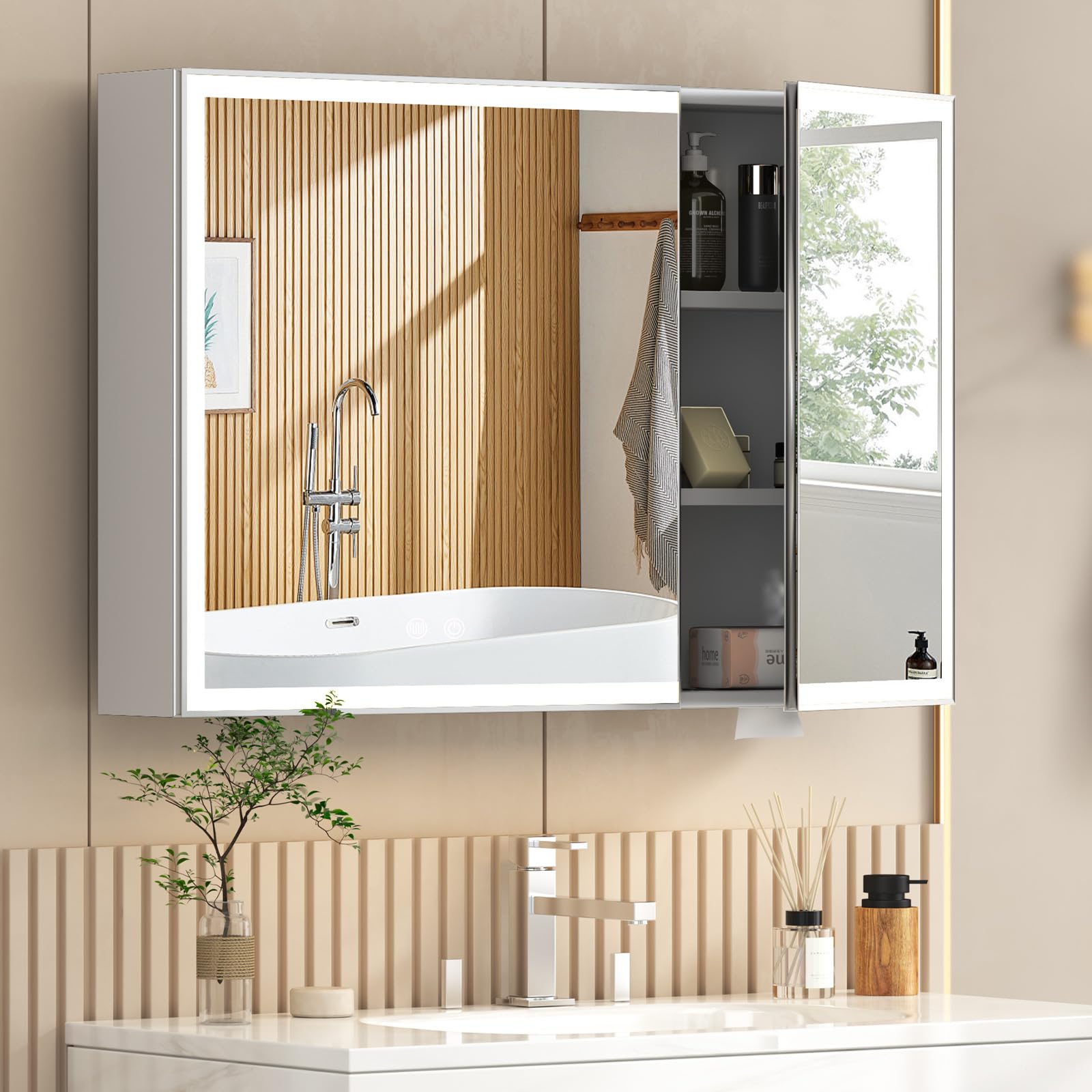 Buildonely Armario con espejo para baño con iluminación, armario con espejo con función antivaho, armario de baño con puertas para baño, control táctil, 100 x 60 cm, aleación de aluminio