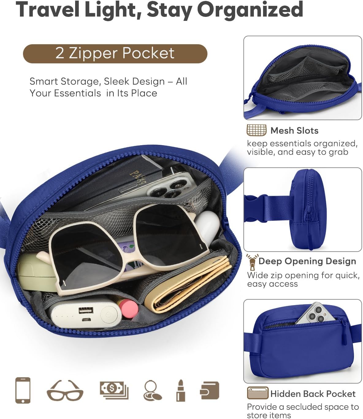 Fanny Packs for Women Cross Body Bag Waterproof Belt Bag with Adjustable Strap and Zipper Back Pocket Small Crossbody Bags Fashion Waist Packs for Workout Travelling(Blue) - Image 3