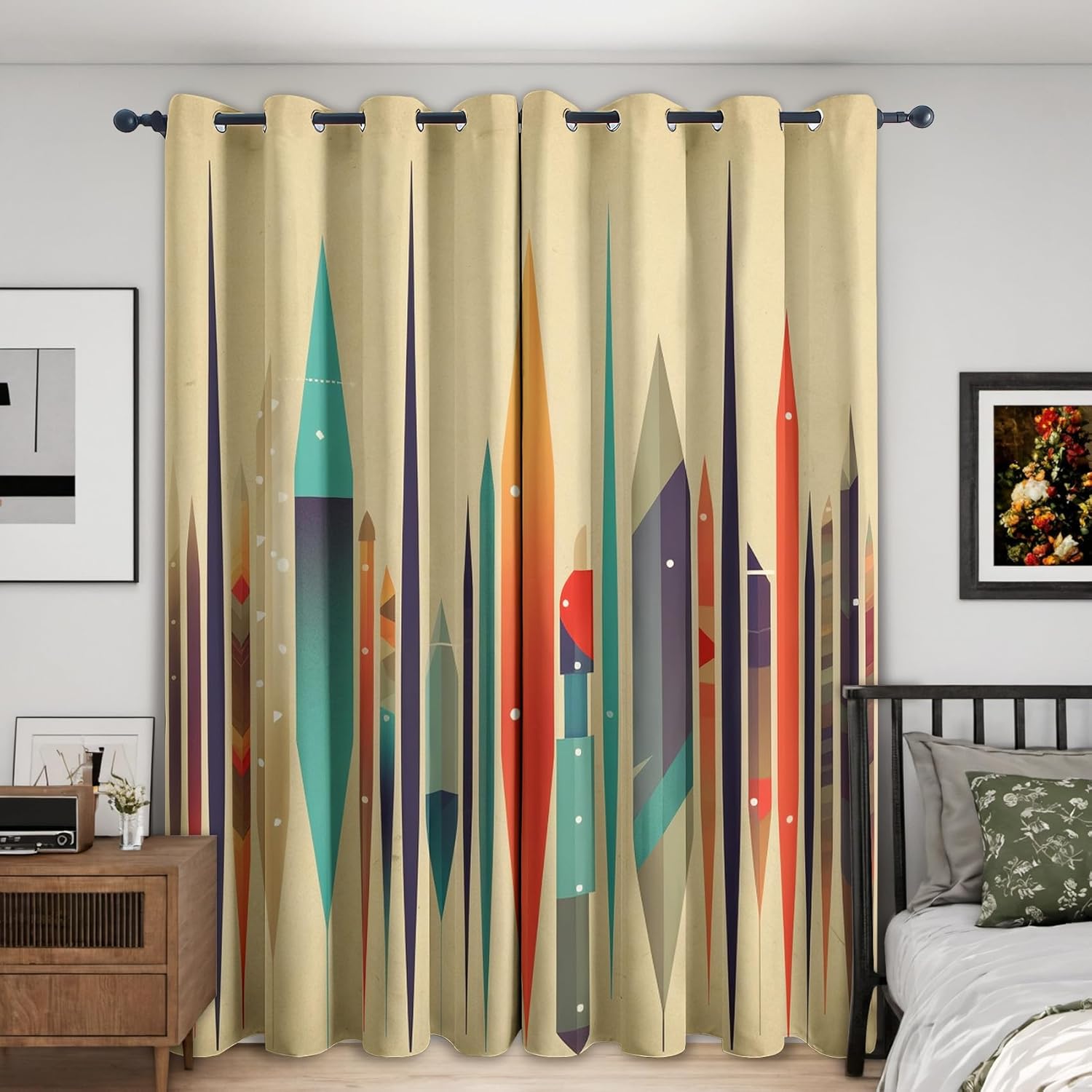 Retro Geometric Bedroom Curtains 63 Inch - Mid Century Modern Printed Living Room Curtains, Retro Geometric Home Decor Blackout Window Drapes with Grommet, 2 Panels Set - HL2982
