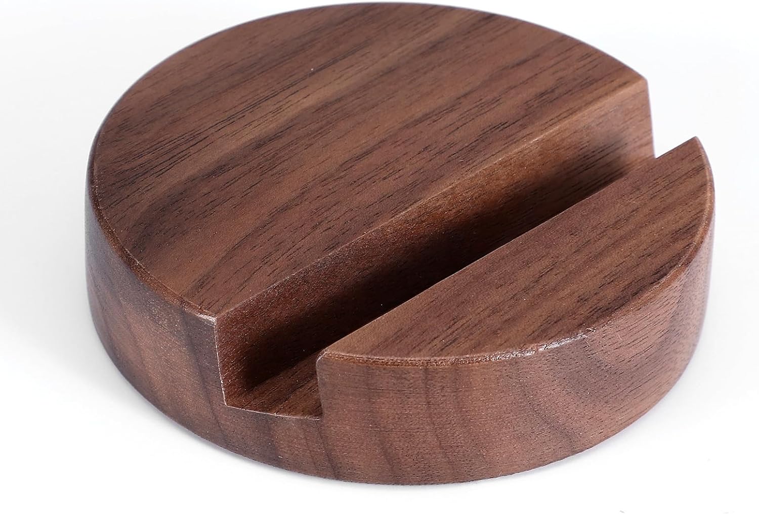 Walnut Wood Phone Stand, Single Slot Round Portable Mobile Cell Phone Holder, Minimalistic Modern Desk Tabletop Organizer for Kitchen Bathroom Office Accessories