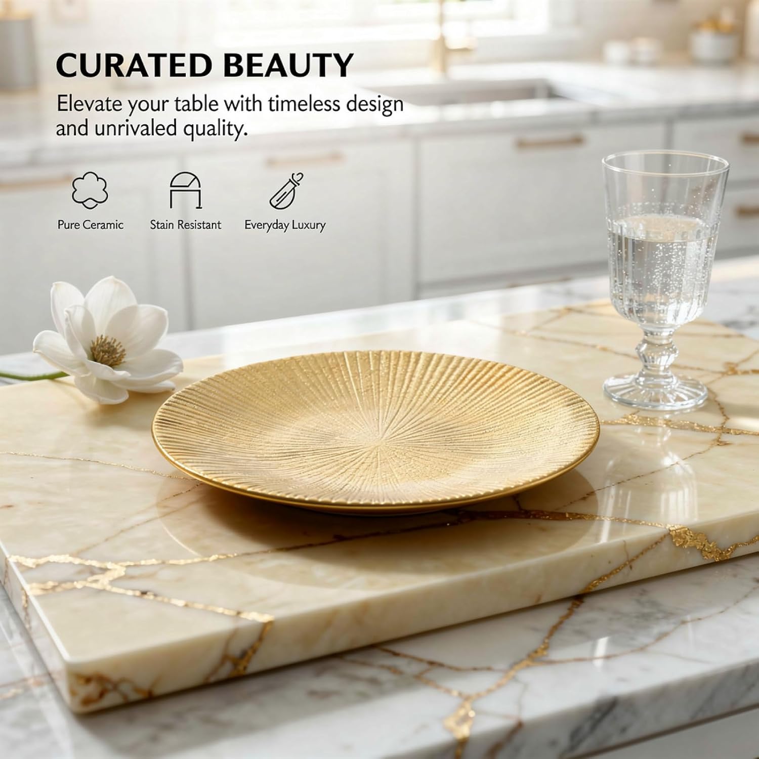 Gold Decorative Plate 10 In For Parties, Ceramic Pasta Plate With Embossed Pattern, Healthy Salad Dessert Plate, Stylish Steak Dinner Plate For Home And Restaurants