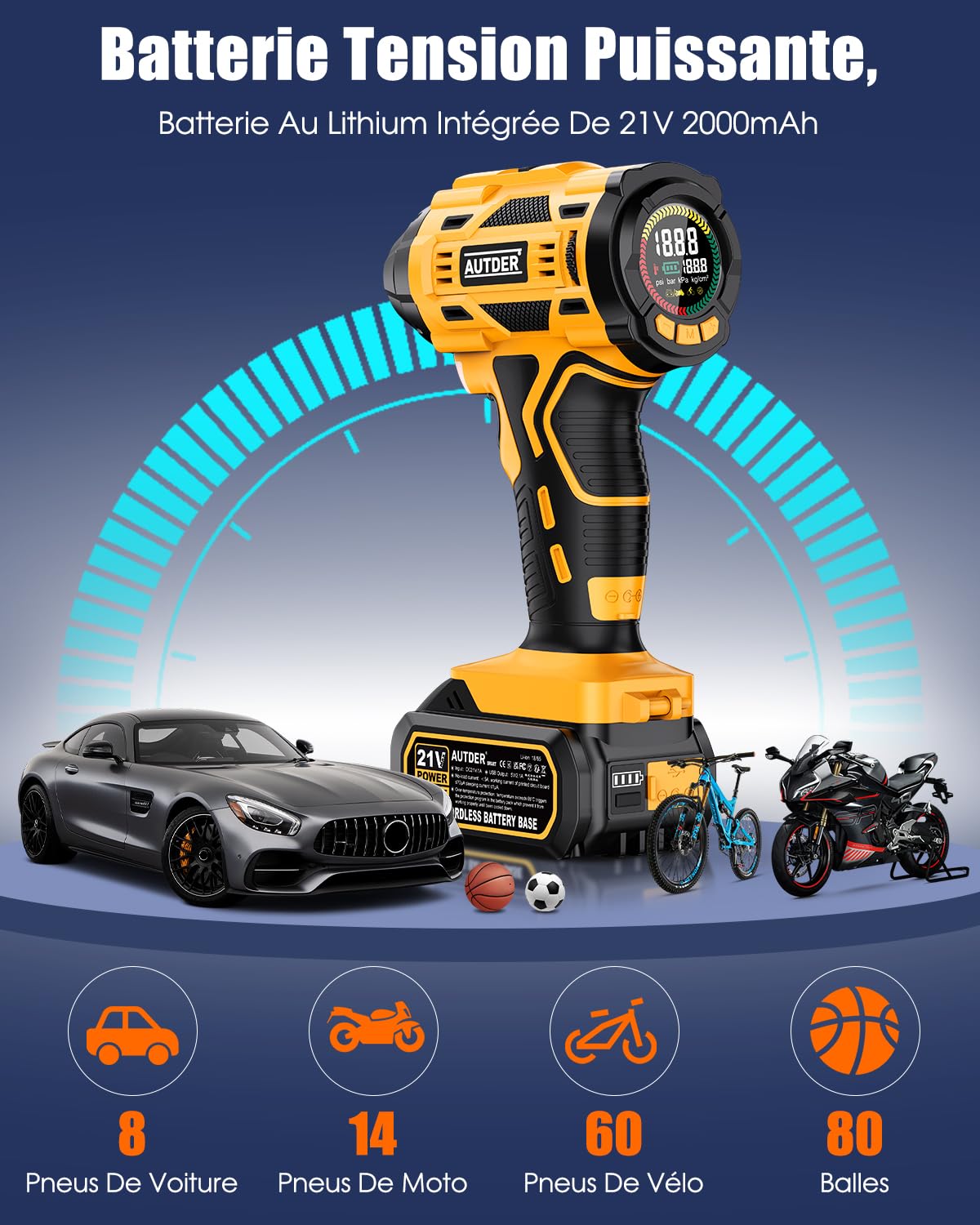 AUTDER Gonfleur Pneu Électrique 180 PSI, Compresseur à Air Sans Fil avec Batterie Amovible 21V et Câble d'Alimentation Voiture 12V, Arrêt Automatique, Écran LCD, Lampe LED pour Voiture, Jaune