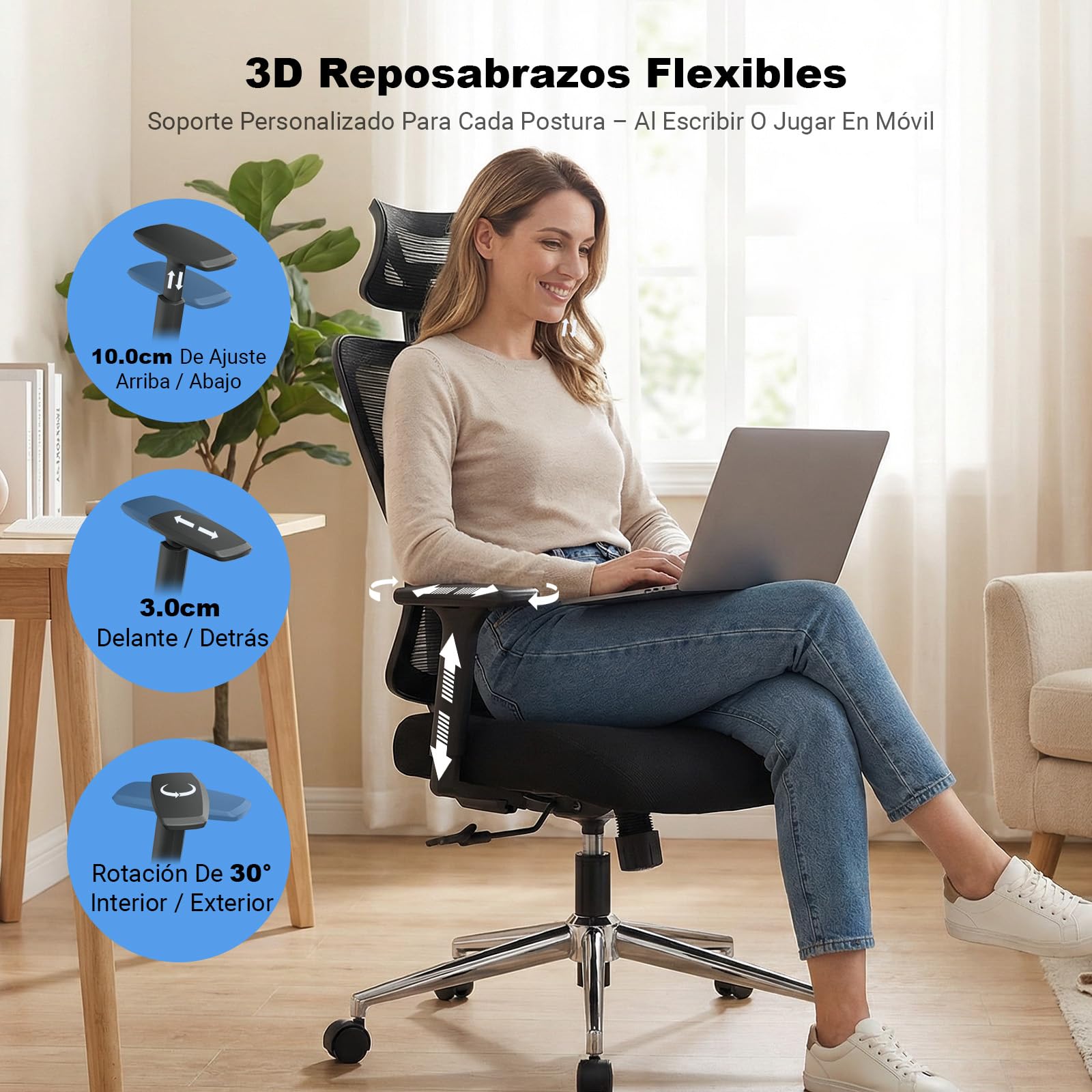 MELOKEA Silla de Oficina ergonómica 150kg con Soporte Lumbar Ajustable | Silla de escritorio para teletrabajo con asiento de muelles, reposabrazos 3D y EN1335