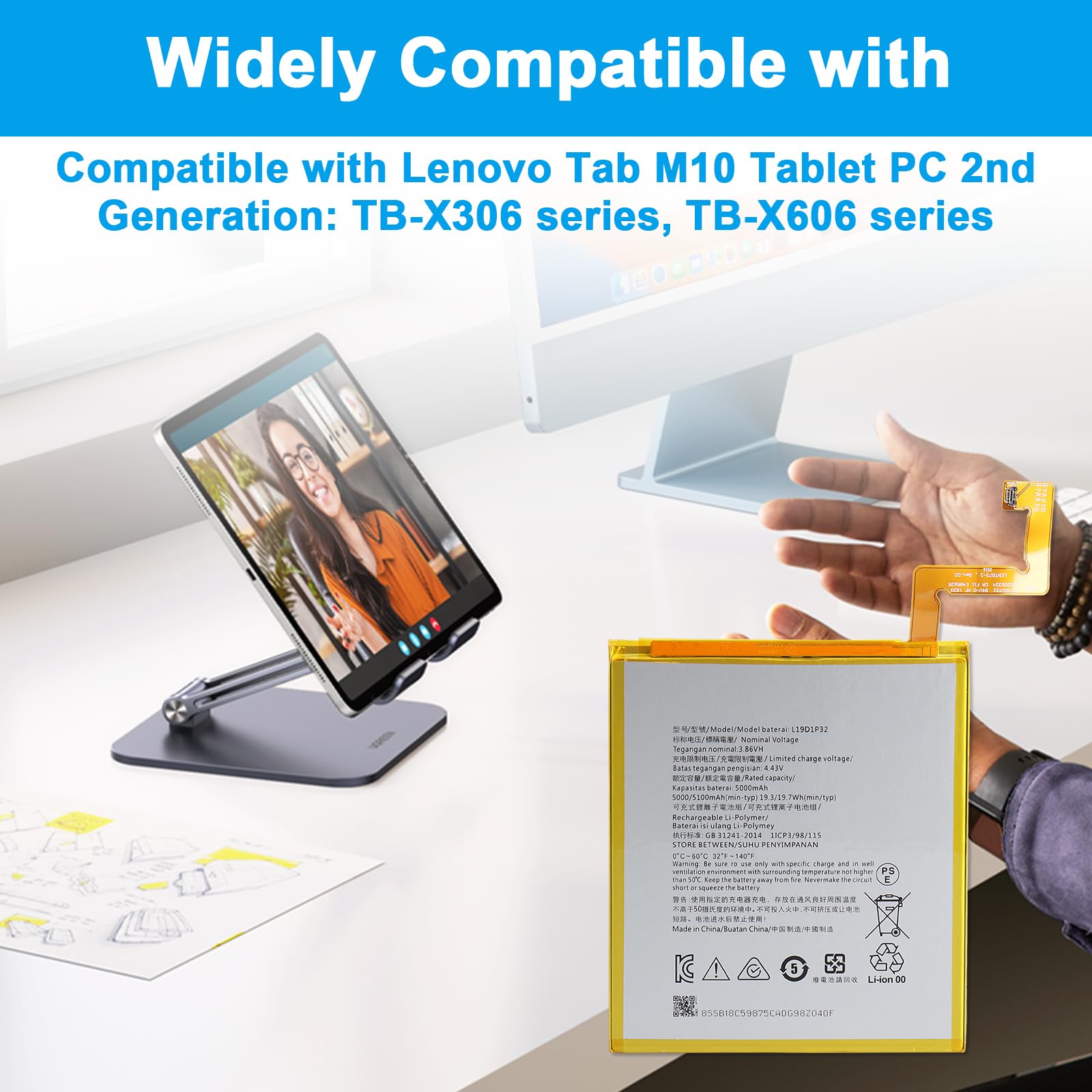 L19D1P32 Batterie Compatible avec Lenovo Smart Tab M10 Plus FHD HD 2020 Gen 2 TB-X306X TB-X306F TB-X306V TB-X606F TB-X606M TB-X606X TB-X606FA 5000mAh 3.86V avec Outils