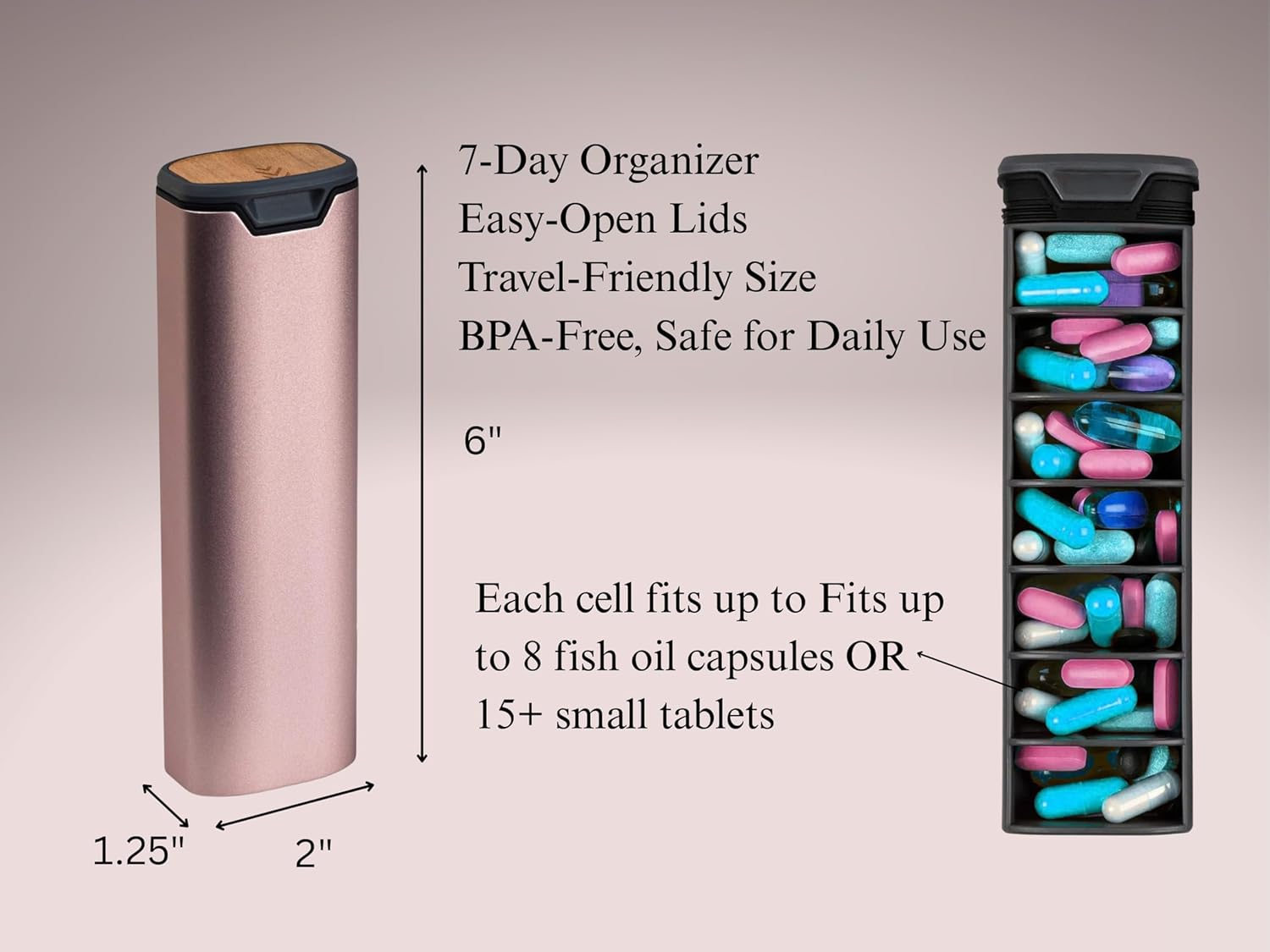 7 Day Pills Organizer Stylish Aluminum and Wood Weekly Pill Box for Medicine, Vitamins, and Supplements. Sleek, Durable & Compact Travel Case. (Pink)