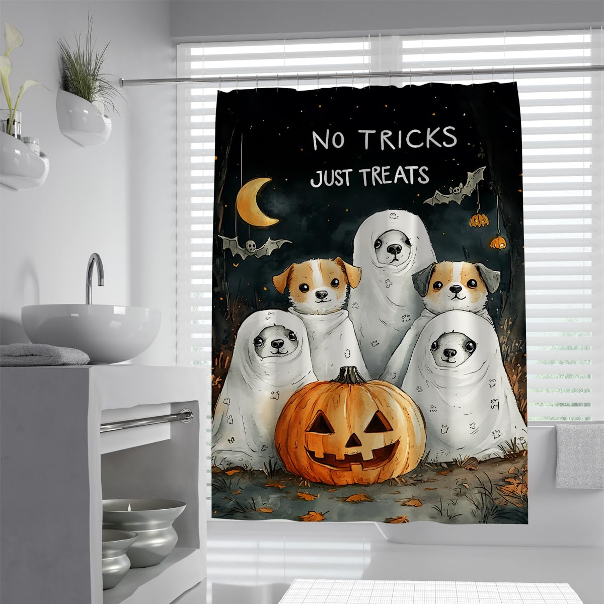 Tende Doccia Fantasma Cane Divertente Halloween Zucca Luna 200x200cm