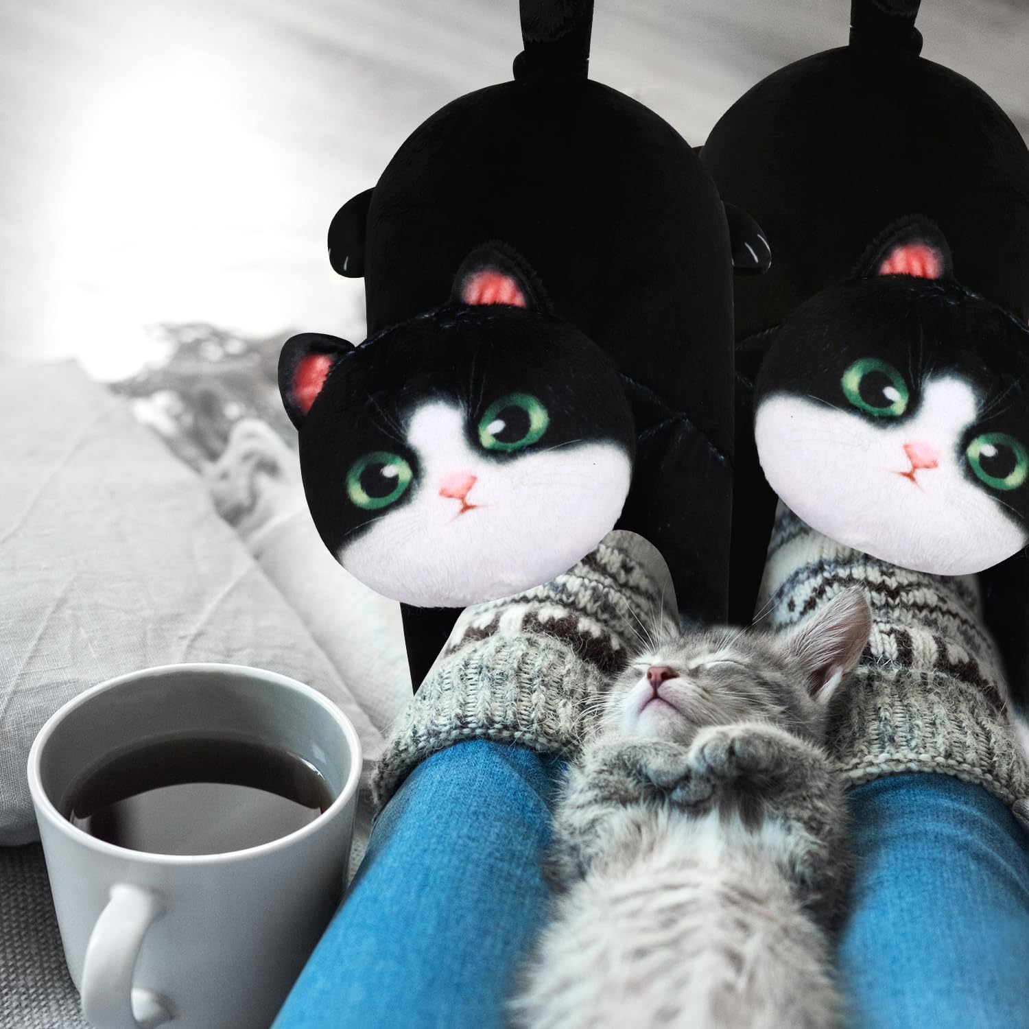 Plüsch Hausschuhe Katze für Damen Mädchen, Warme Lustige Kuschel Flauschige Kuschel Hausschuhe Winter, Weiche Tiere Pantoffeln, Fluffy Cozy Slippers, Frauen Katzenliebhaber