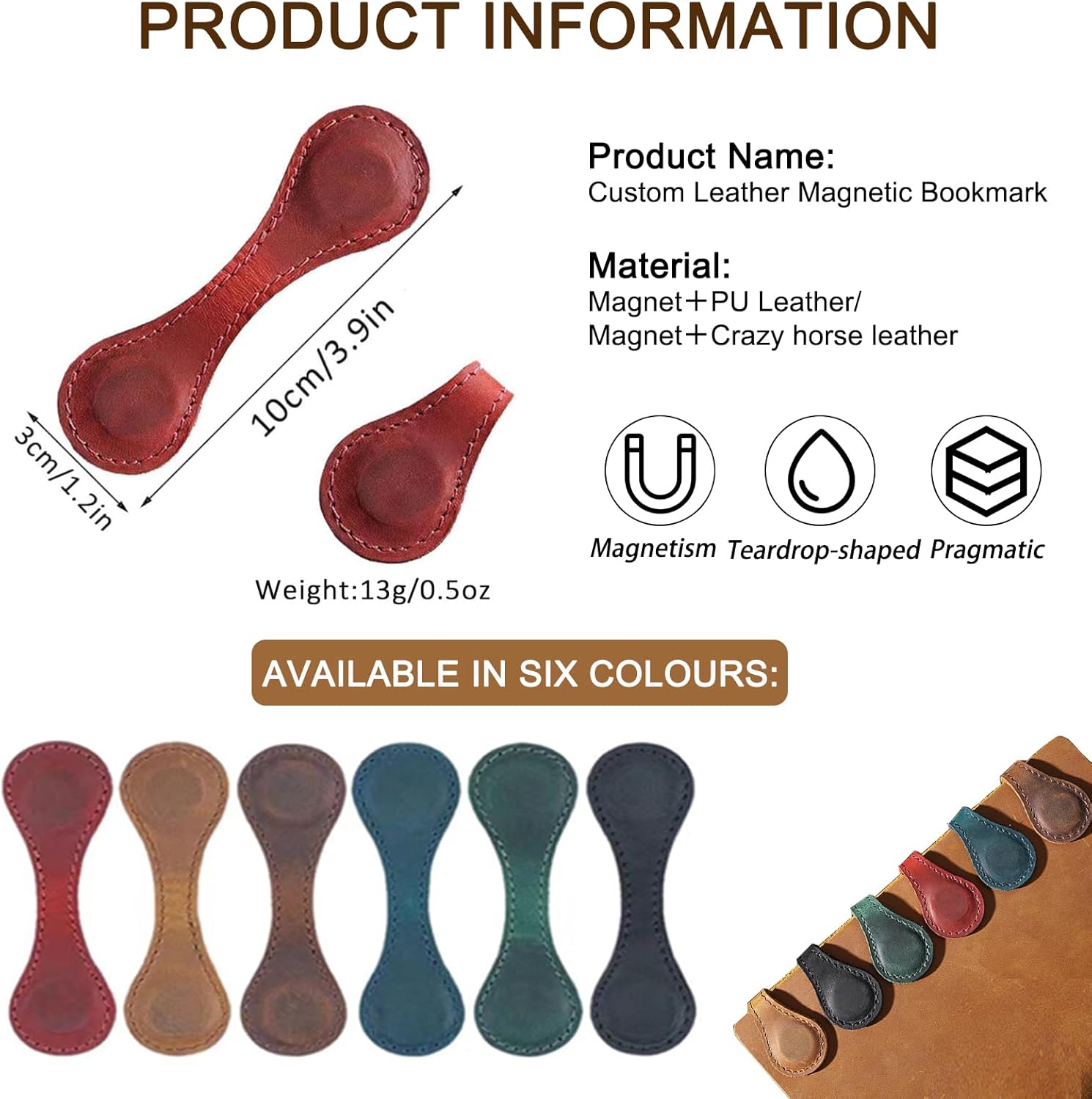 MZP Personalized Leather Magnetic Bookmark Custom Vintage Engraved Name Initials Text Book Marker Clips Customized Gifts for Readers Women Kids Mom Dad Teacher Book Lovers (Color : A, 6-pcs)