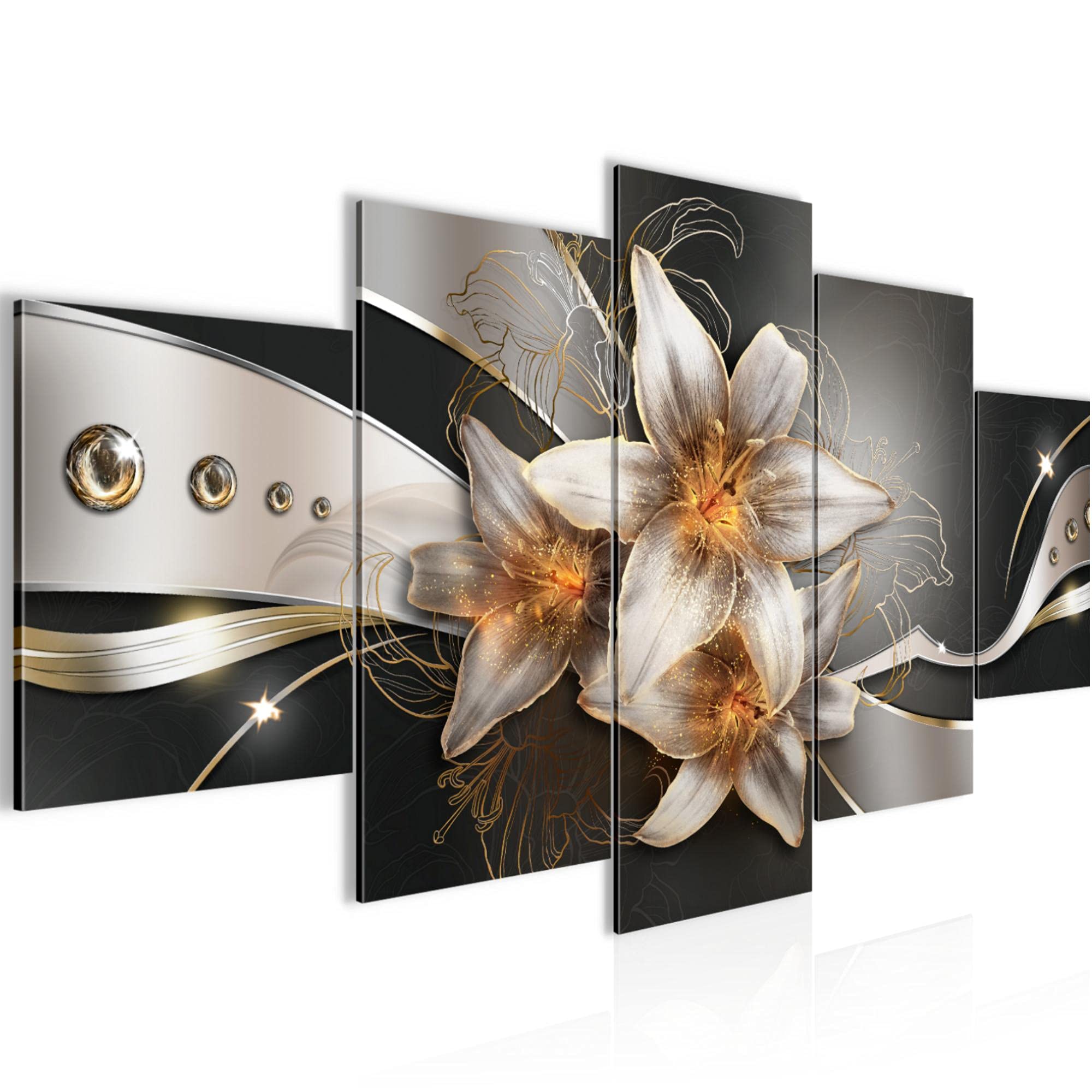 Runa Art - Bilder Blumen Lilien 200 x 100 cm 5 Teilig XXL Wanddekoration Design Gelb Gold 039651a