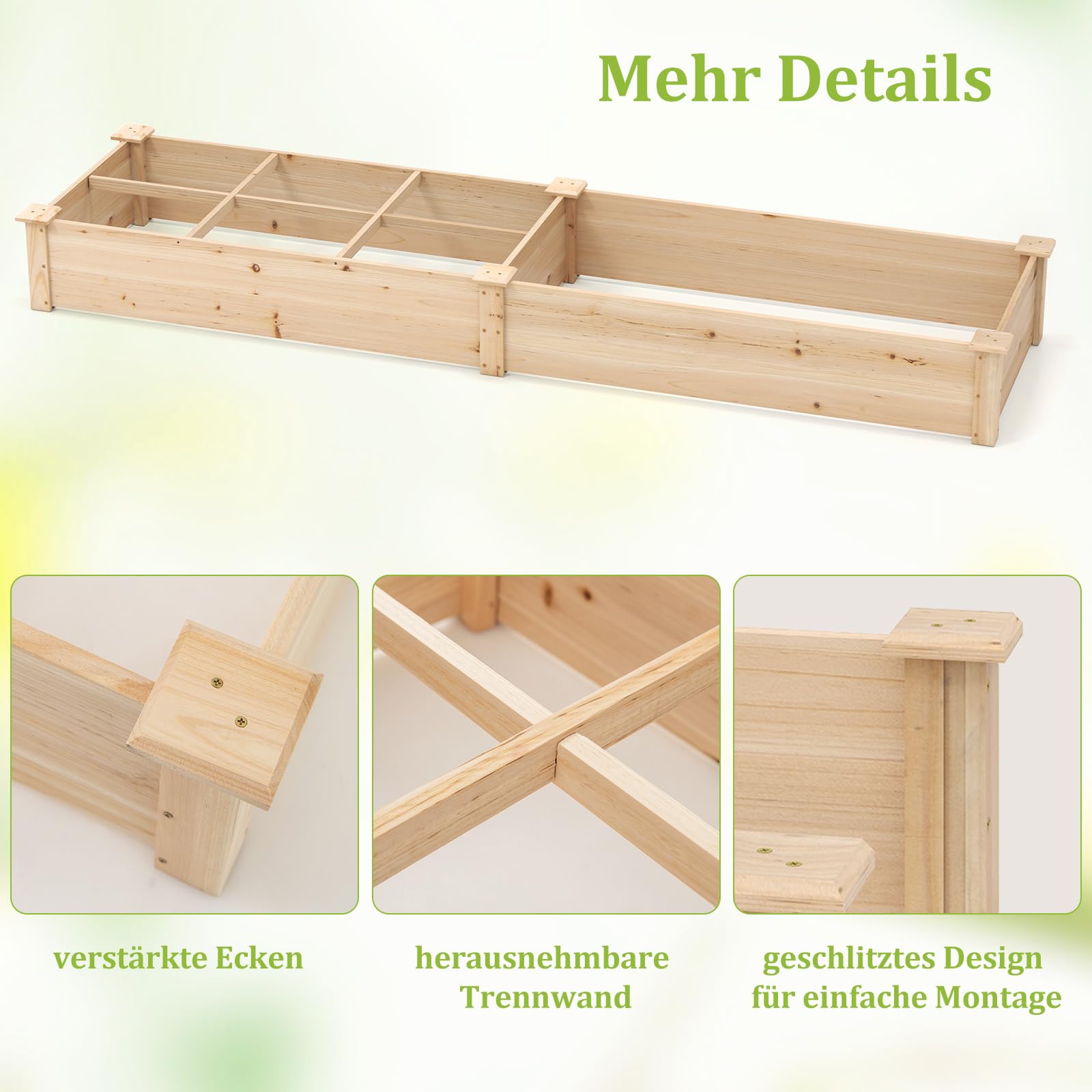 Kit da giardino rialzato Hochbeet aus Tannenholz Gartenbeet mit 2 Pflanzkästen Trennwänden Blumenkasten mit offenem Boden Pflanzbeet Pflanzkasten Pflanzkübel für Blumen Gemüse Obst (228x