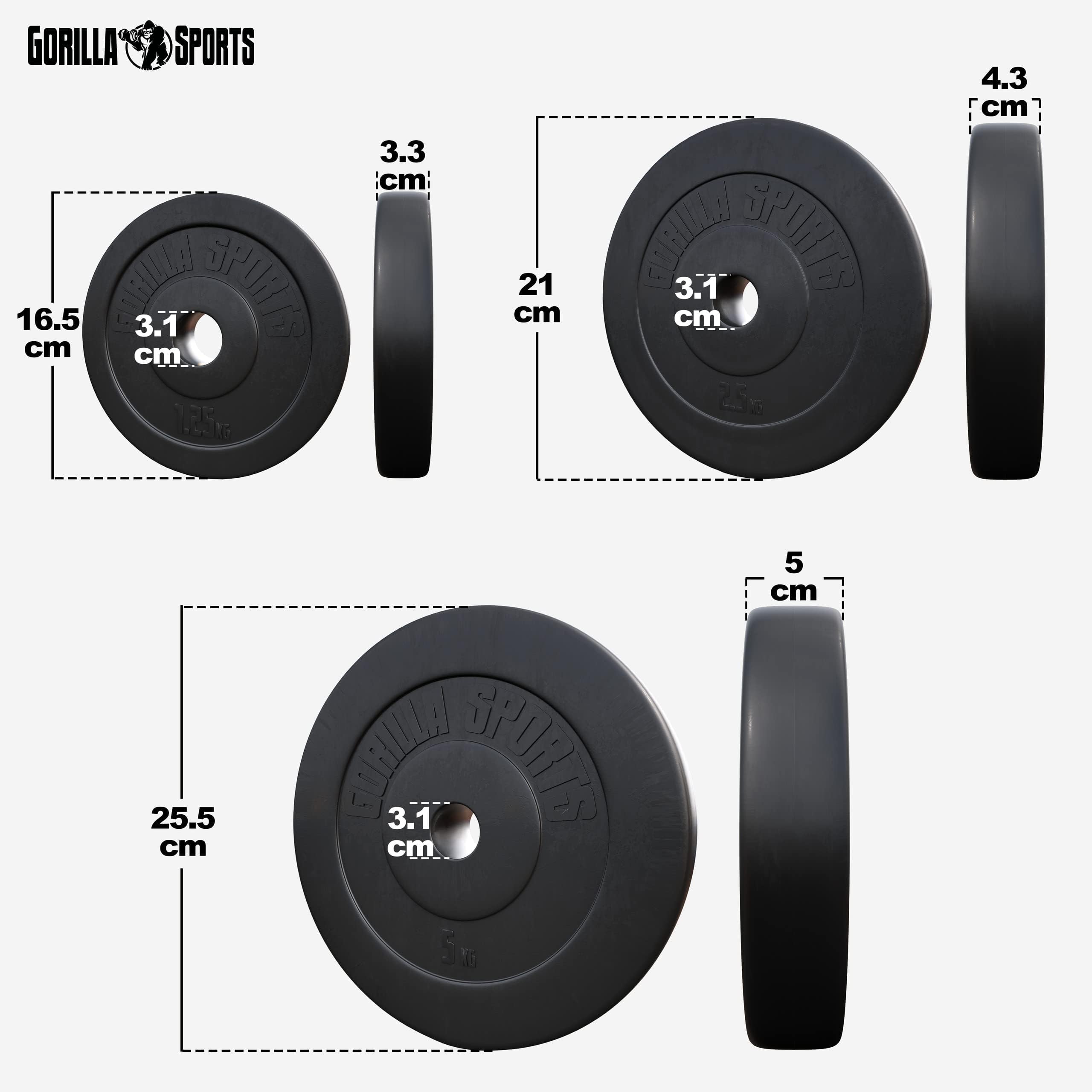 GORILLA SPORTS® Pesi Palestra - Disco Singolo: 1,25-15 kg o Set: 27,5/30 kg, 31 mm, Plastica - Dischi Palestra, Bumper, Bodybuilding, Peso, Sollevamento con Bilanciere e Manubri, Powerlifting