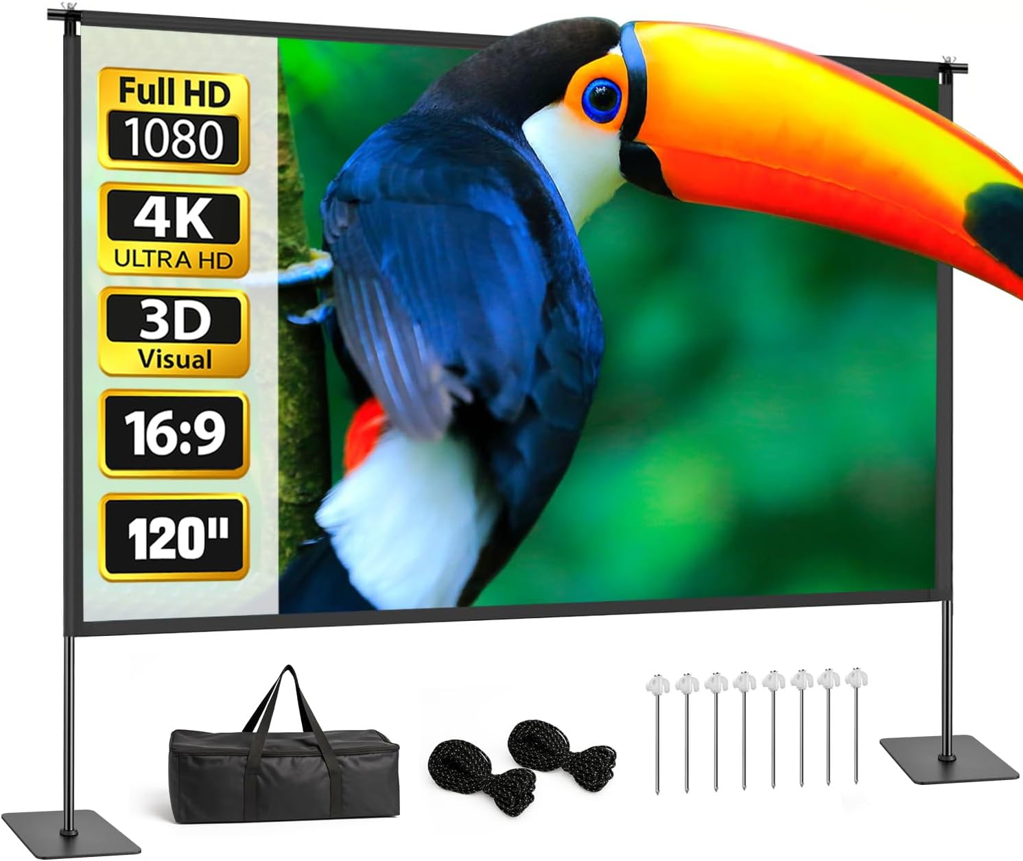 Projector Screen with Stand, 120 Inch Indoor Outdoor Portable Projection kit All-Metal Frame Wrinkle-Free 16:9 4K HD Front/Rear Movie Screen with Carry Bag for Home Theater Backyard Movie Night