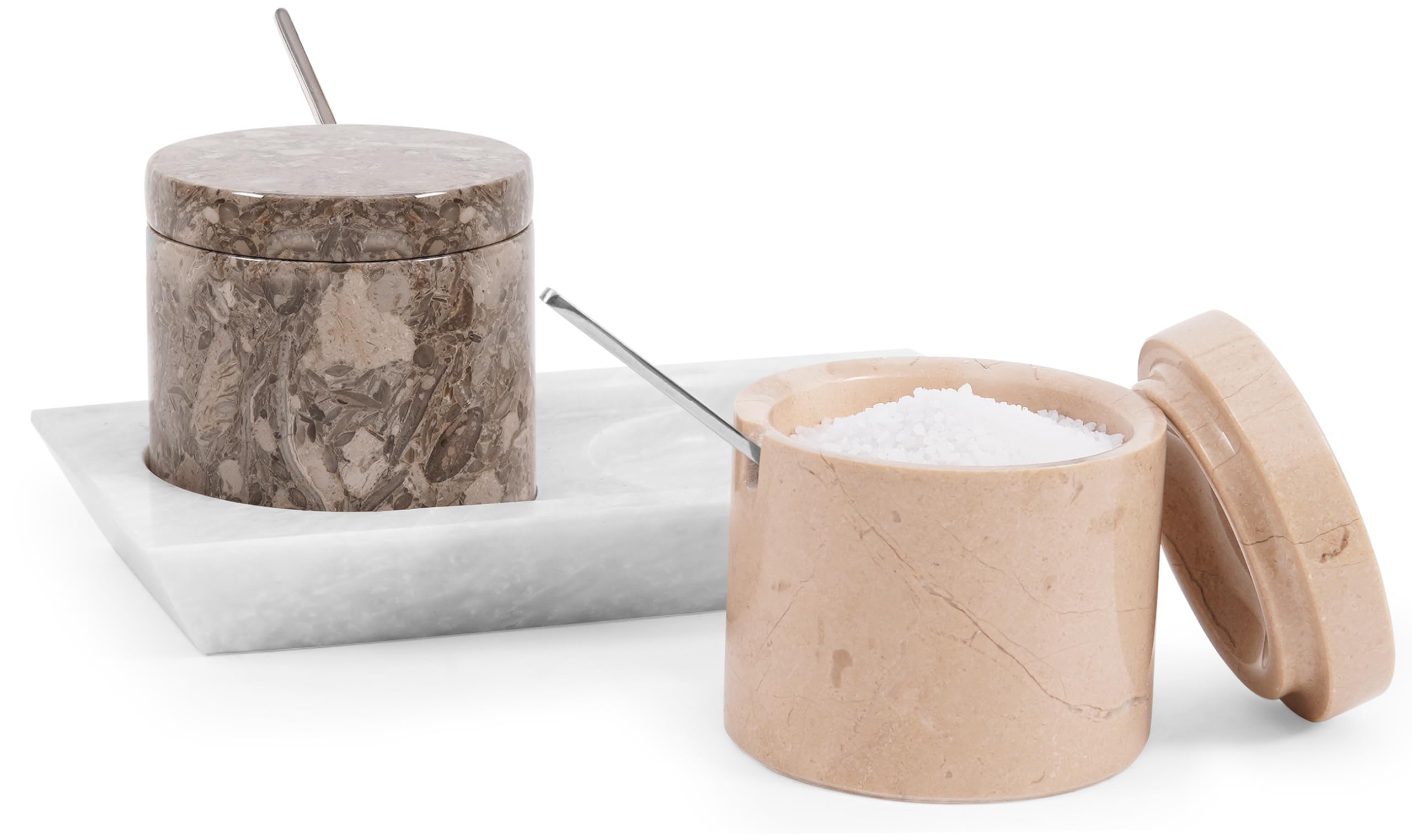 Radicaln Marble Salt Cellar with Lid and Tray 3" Inch Oceanic & Verona Handmade Set of 2 Seasoning Jars For Kitchen Storage, Ideal Table Sugar Bowl & Salt Dish For Countertop — image 1