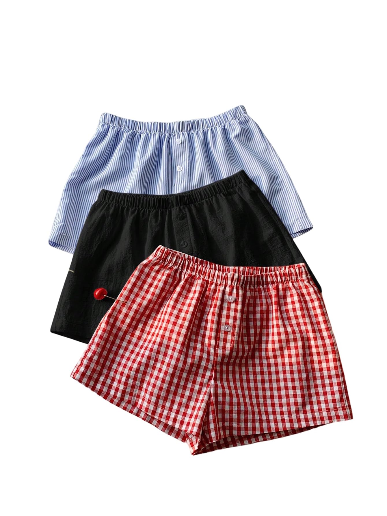 MakeMeChic Women's 3 Pack Linen Shorts Gingham Striped Beach Shorts