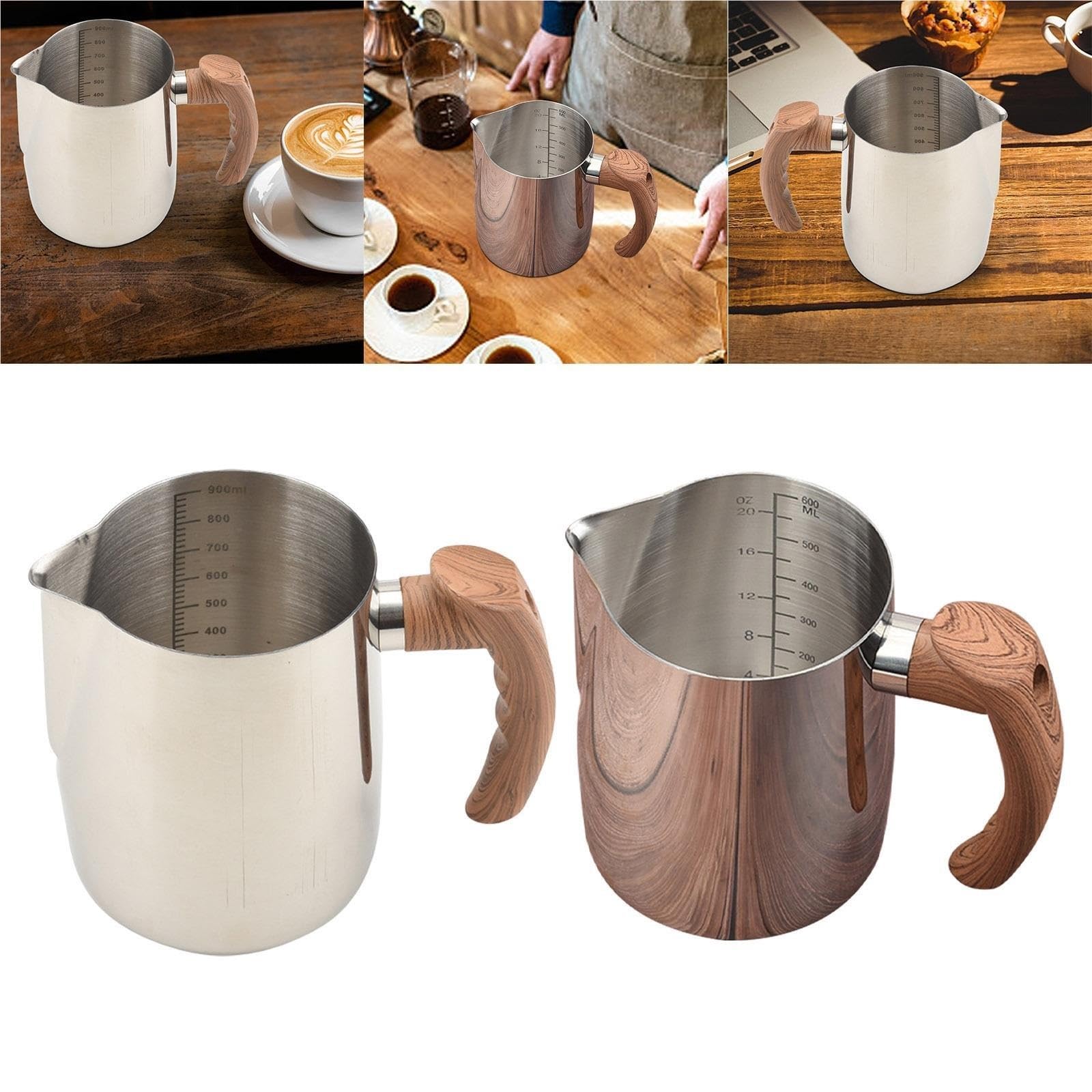 Taza for espumar leche con mango de madera, taza de vapor Barista de acero inoxidable, jarra for espumar leche, cafetera for fiesta, vacaciones, casa, 2 uds. Para café(Silver,600ml)