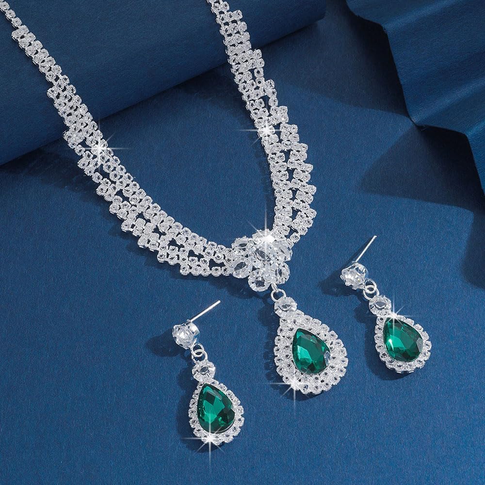 Missgrace Women Silver Green Black Rhinestone Crystal Tassels Bridal Wedding Necklace Earrings Sets Blue Christmas Red Teardrop Necklace Dangle Earrings for Wedding Party Prom Brides Bridesmaid - Image 2