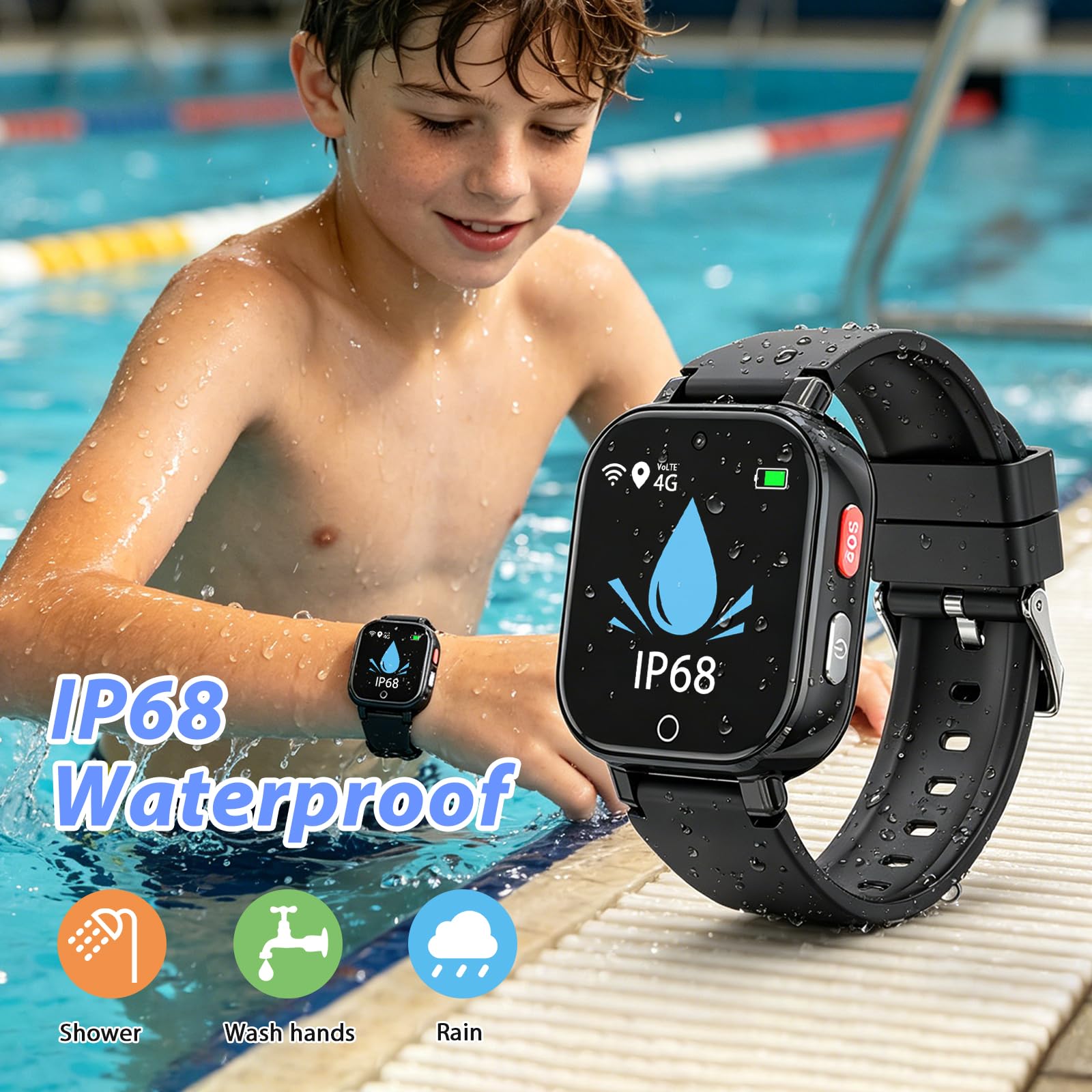 4G Smartwatch Kinder mit Videoanruf GPS SOS IP68 Wasserdicht Schulmodus Schrittzähler Kinderuhr Geschenk Jungen Mädchen 4-12 Jahren Schwarz