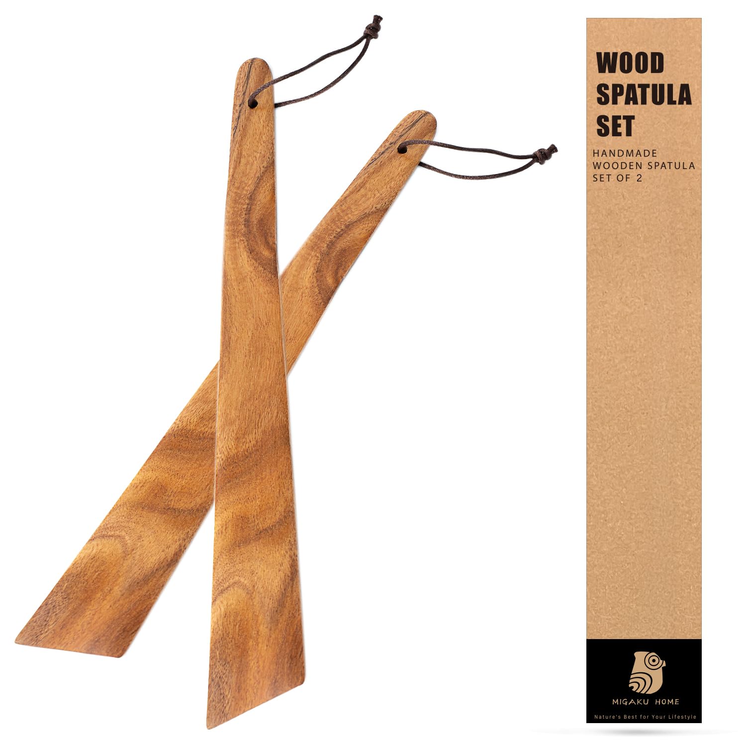 MIGAKU HOME 12? Acacia Wooden Spatula(2pcs), Wooden Cooking Utensils Set, for Flipping, Scraping, Serving, Egg, Bowl Scraper, Spurtle Spatula