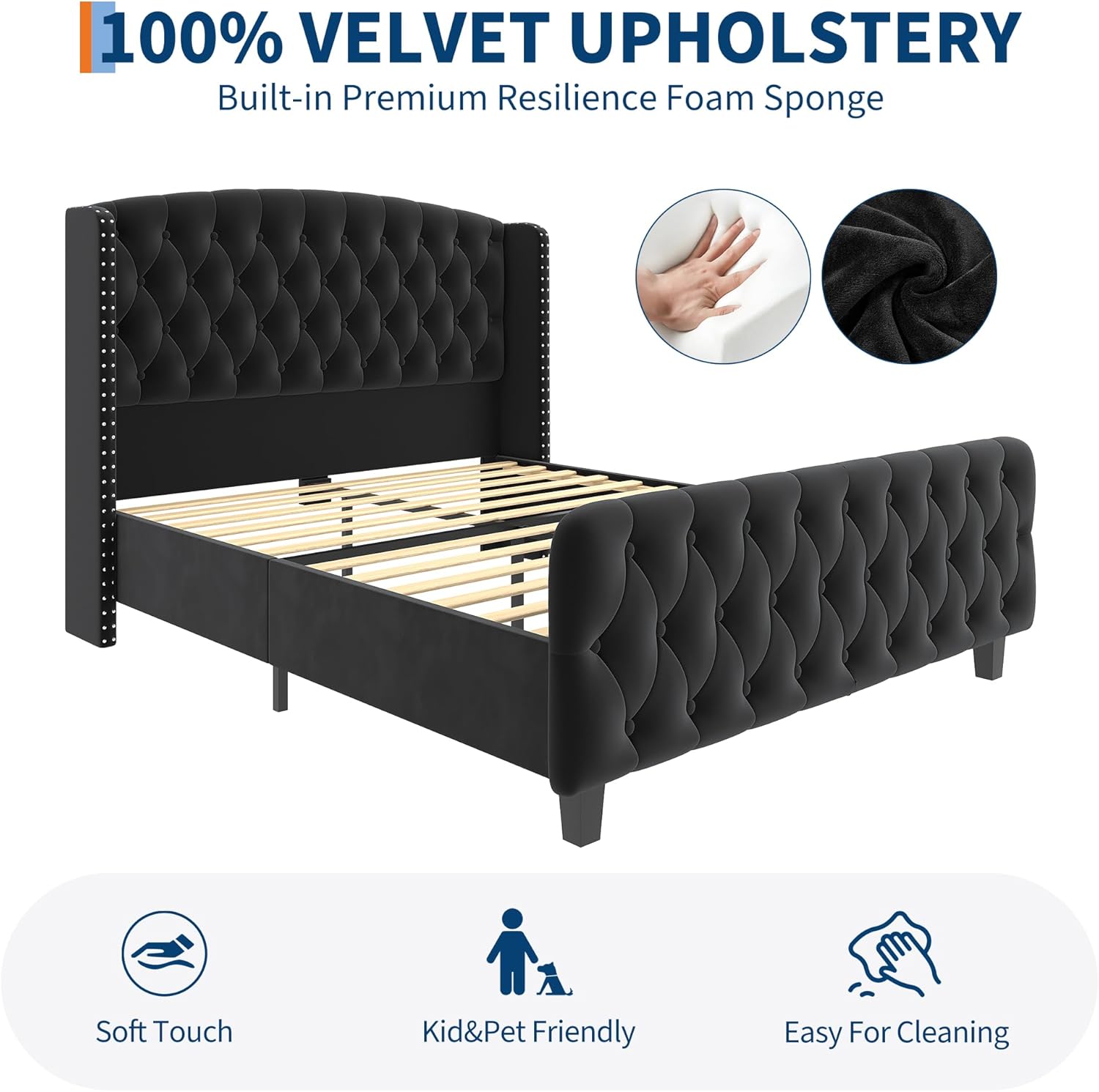 GarveeHome 51 in Tall King Size Bed Frame with Deep Button Tufted Wingback Headboard and Footboard, Velvet Upholstered Platform Bed Frame, No Box Spring Needed, Easy Assemble, Black