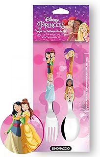 SIMONAGGIO Jogo de Talheres Infantil Disney Kids Princesas - Kit de Talheres de Aço Inox Com Cabo Plástico Para Bebês - Multicor - 2 Peças
