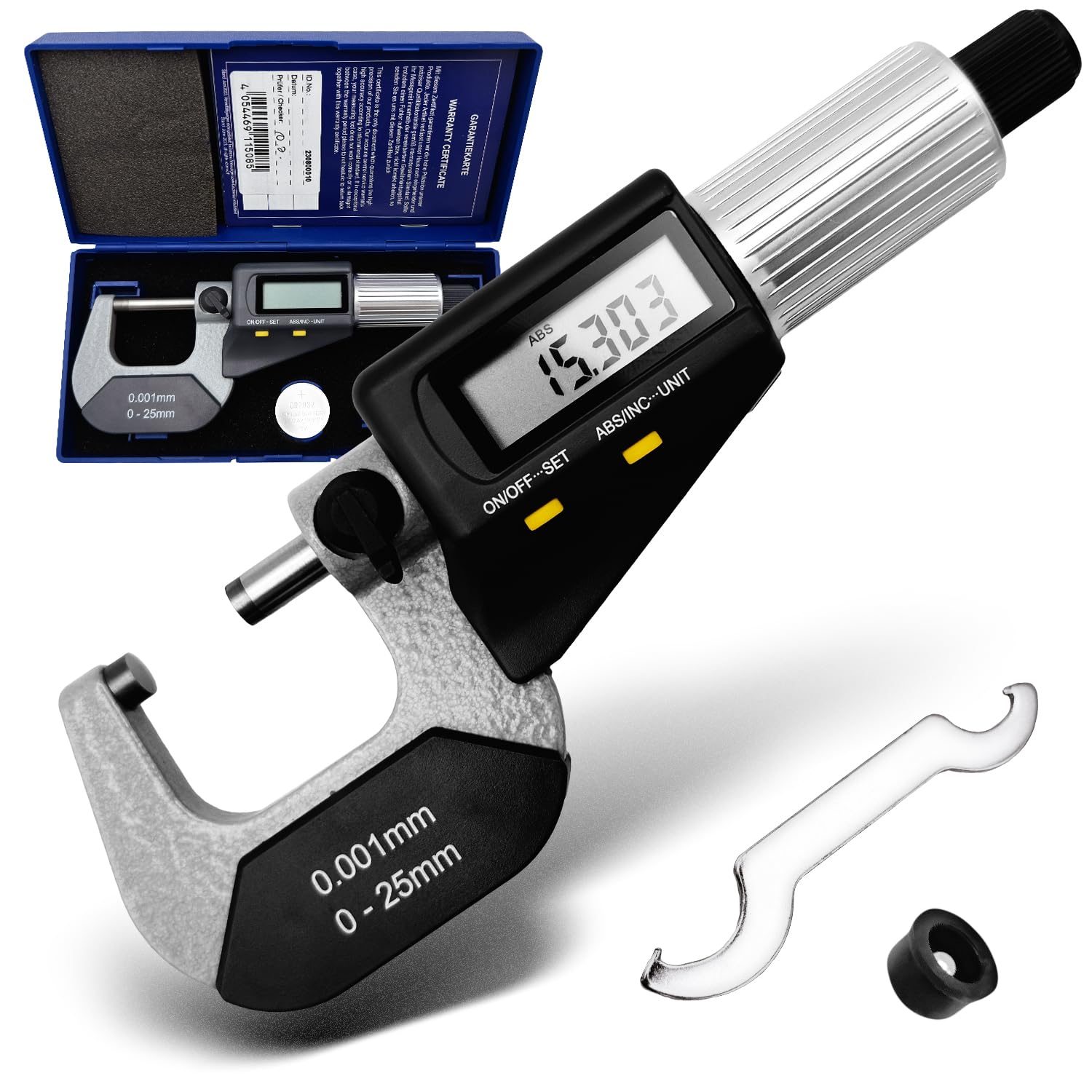 MIB - Micrómetro digital DIN 863, ABS, medidas precisas de 0-25 mm, micrómetro digital, herramientas electrónicas de medición y planificación, medidor de diámetro, superficies de medición HM, incluye