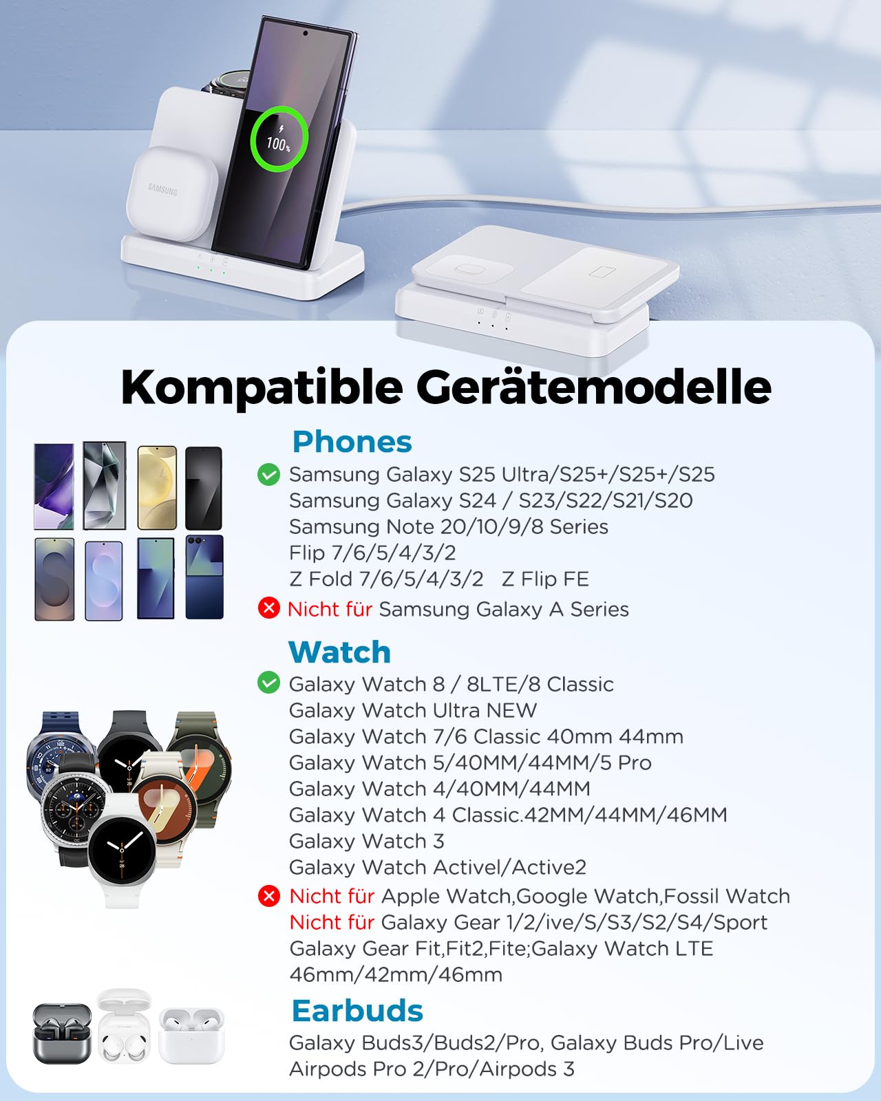 EGV Indukcyjna stacja ładująca do Samsung – bezprzewodowa ładowarka 3 w 1, kompatybilna z Galaxy S26 Ultra/S25/S24, Z Fold/Flip 7/6, Buds, zdejmowana ładowarka do Galaxy Watch Ultra/8/7, bez adaptera