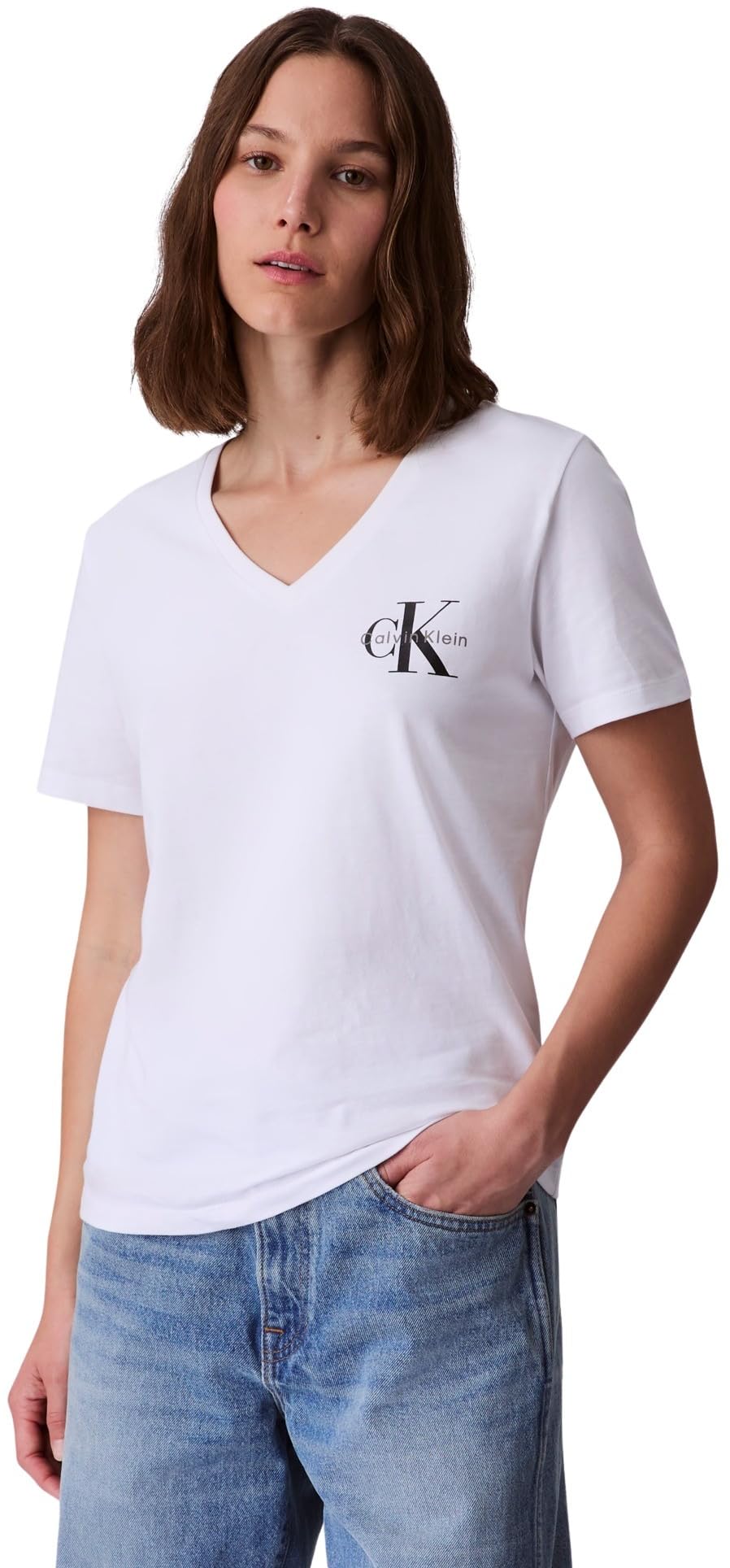 Calvin Klein Damen 2er Pack T-Shirts Kurzarm Logo Tee mit V-Ausschnitt