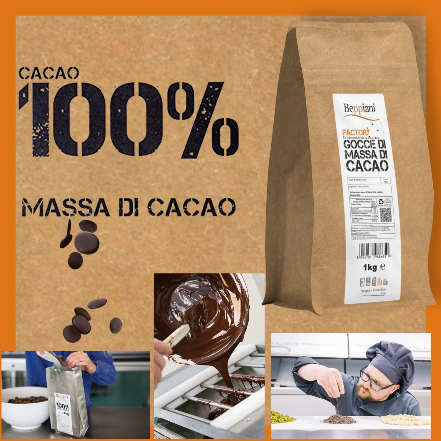 Beppiani 100% Massa di Cacao 1kg in bottoni, gocce, cioccolato artigianale fondente 100 per cento vegano senza zucchero, ricca di antiossidanti, per diete bilanciate - Made in Italy