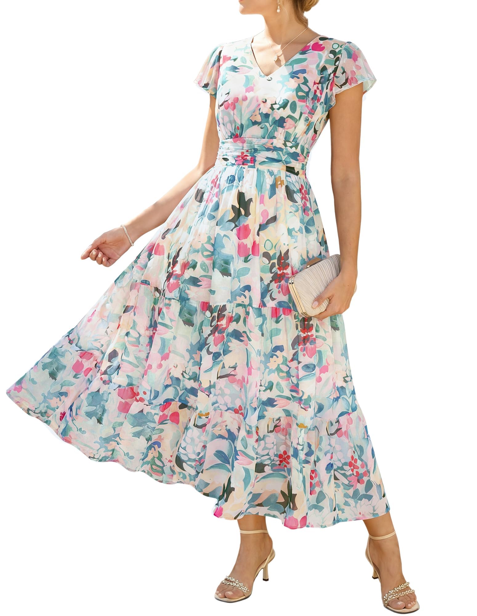GRACE KARIN Damen Rüschenärmel V-Ausschnitt Midikleid A-Linie Blume Sommerkleid Mit Taschen