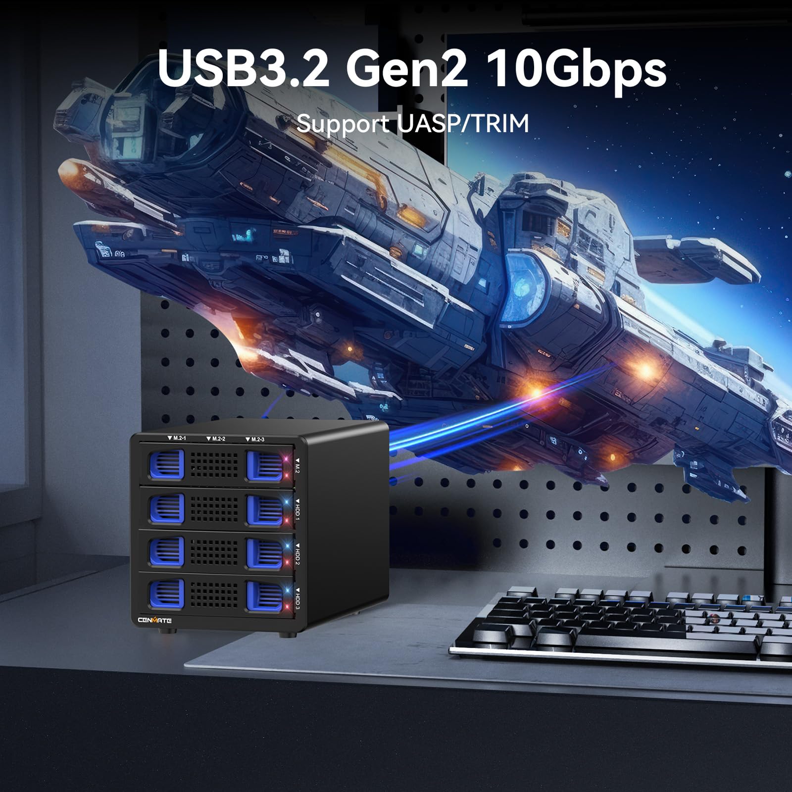 CENMATE Festplattengehäuse Hybrid 2*3.5 HDD(RAID) +1*PM+3*M.2 NVMe Gehäuse für 2.5/3.5" SATA HDD/SSD und M Key/B+M Key 2230/42/60/80/110 M.2 SSD mit USB A/C 3.2 Kabel, HDD Gehäuse 3.5 unterstützt 90TB