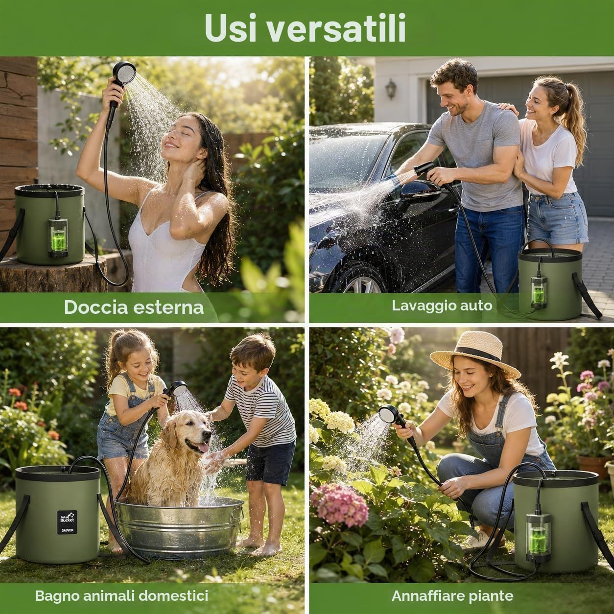Romicta Doccia da Campeggio Portatile con Batteria Ricaricabile da 6000mAh e Display LED – Secchiello Pieghevole 4 Modalità di Spruzzo Pompa Impermeabile IPX7 Ideale per Trekking, Viaggi, Guida