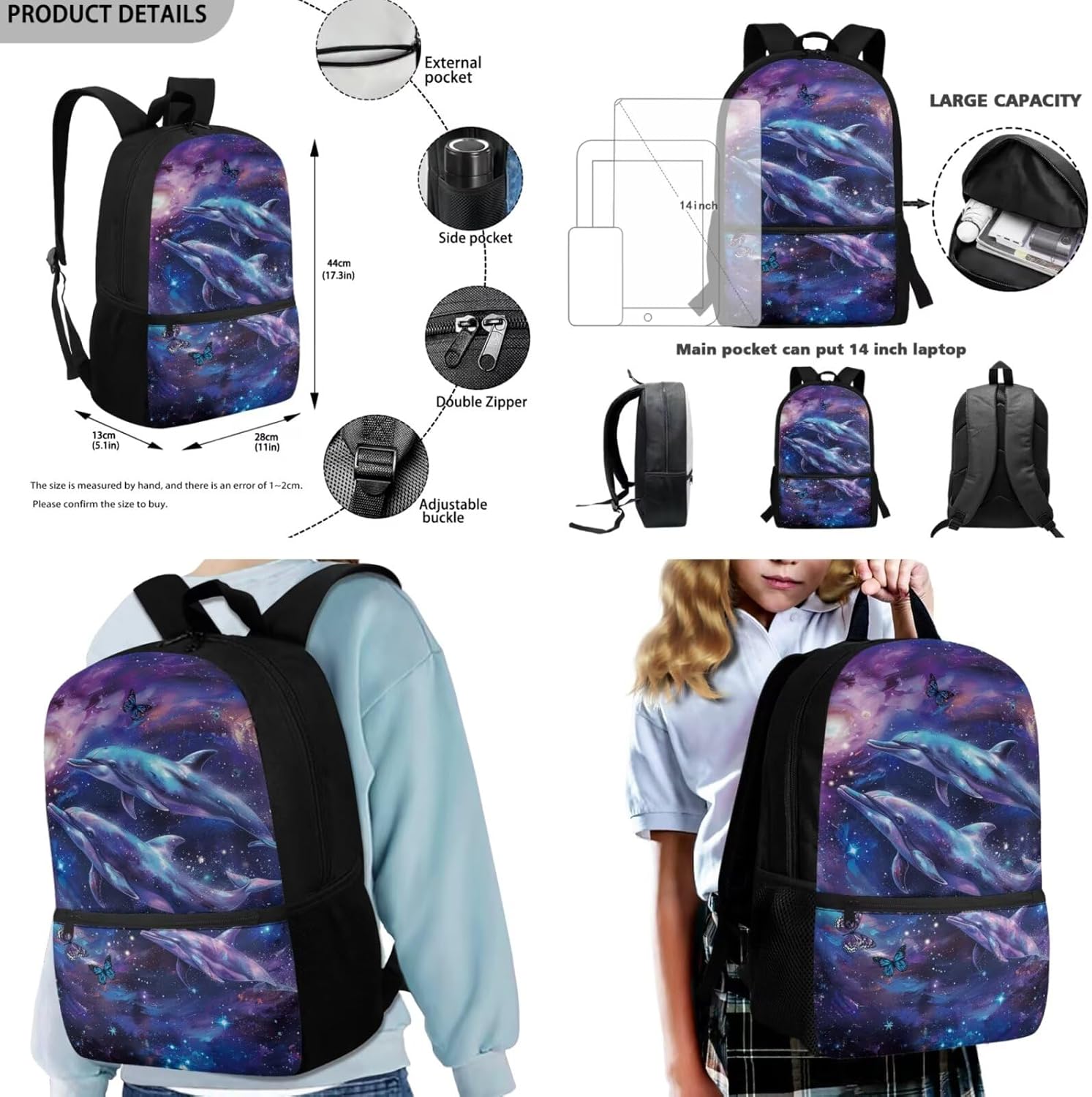 HUGS IDEA Galaxy Dolphin School Backpack for Girls 8-10 Kids Backpack and Lunchbox for Girls School Bag Set Lightweight Middle School Backpacks for Girls 17 Inch Laptop Backpack for Teen Girls