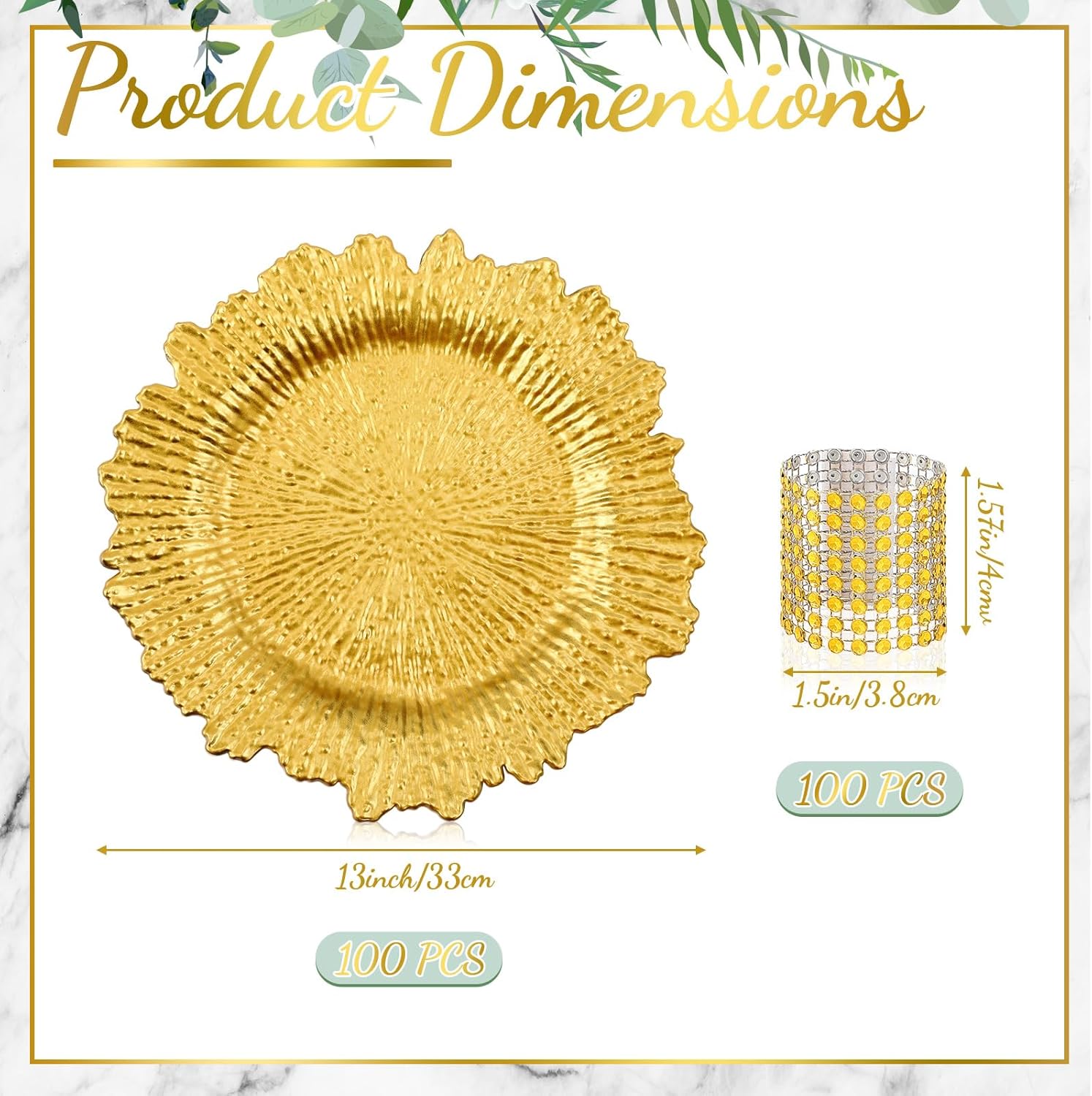 100 Sets Reef Gold Charger Plates Bulk with Napkin Rings Include 13" Round Chargers for Dinner Plates and Mesh Diamonds Napkin Rings for Table Setting, Wedding Party