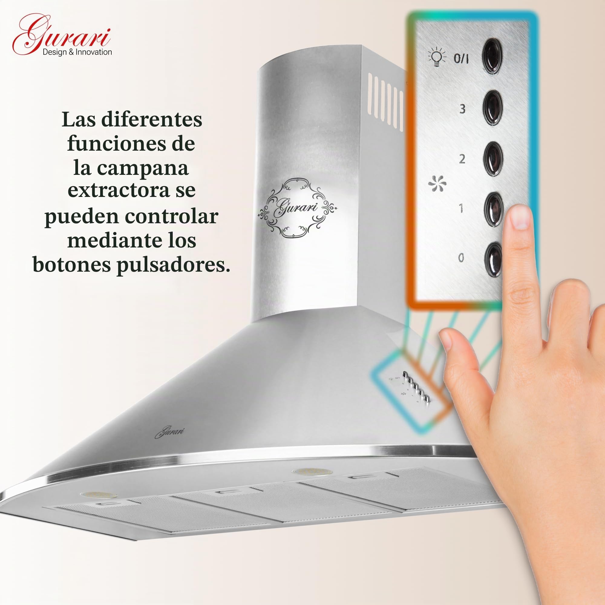 Gurari 046 IS Campana Extractora de Pared 90 cm • 1000 m³/h • Lujo • 3 Velocidades • LED • Acero Inoxidable • Recirculación Posible
